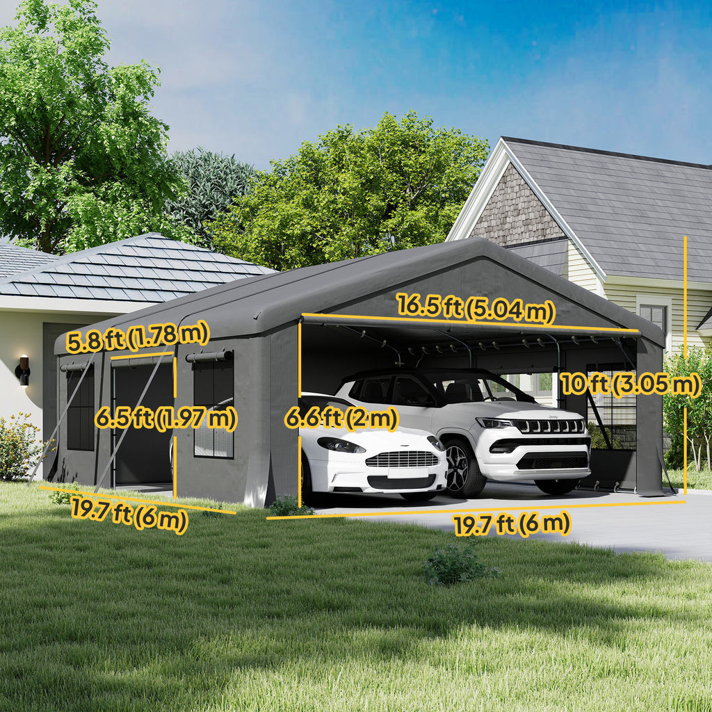 20' x 20' Heavy Duty Carport, Portable Garage Car Canopy Tent Shelter with 3 Roll-up Doors, 4 Windows, Dark Grey
