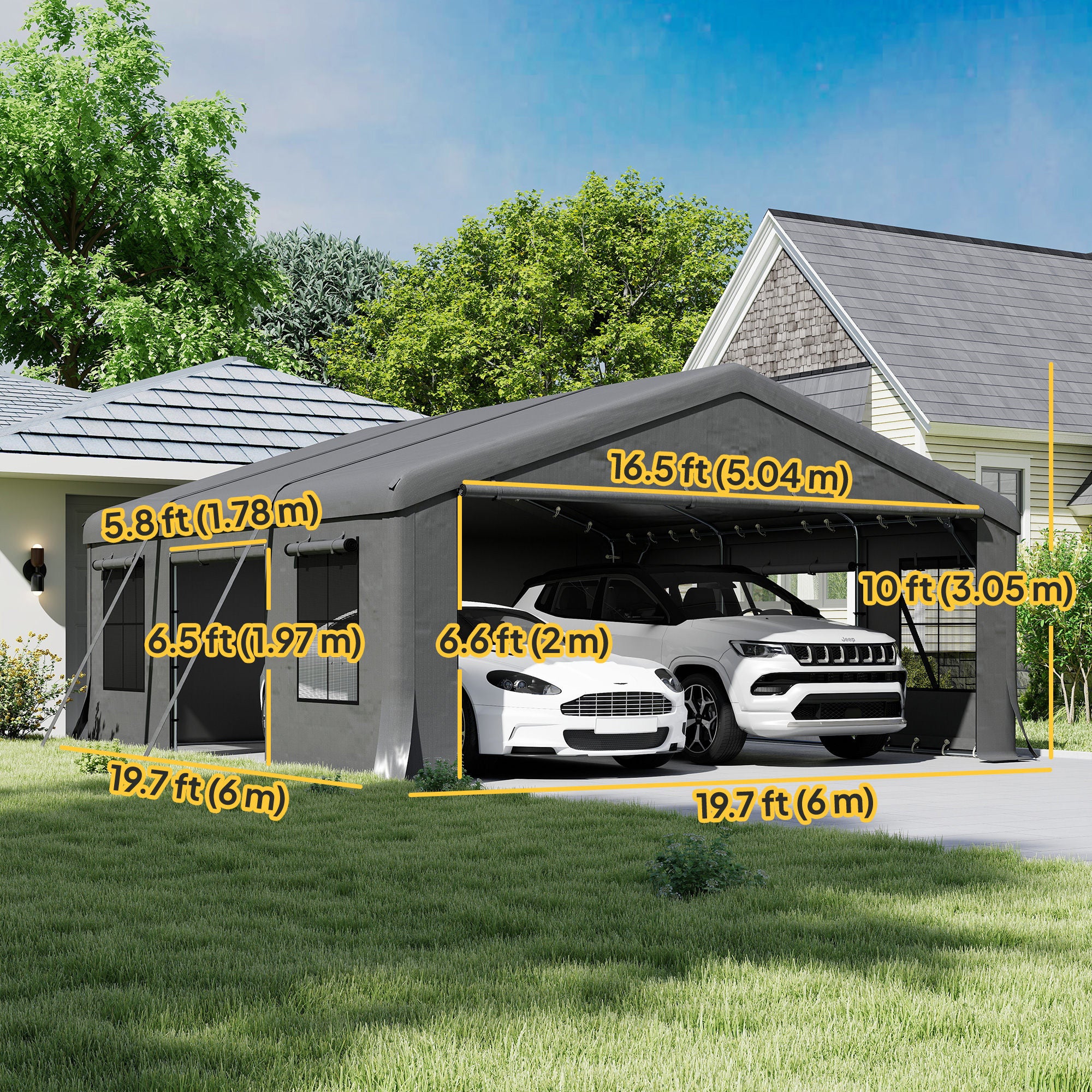 20' x 20' Heavy Duty Carport, Portable Garage Car Canopy Tent Shelter with 3 Roll-up Doors, 4 Windows, Dark Grey