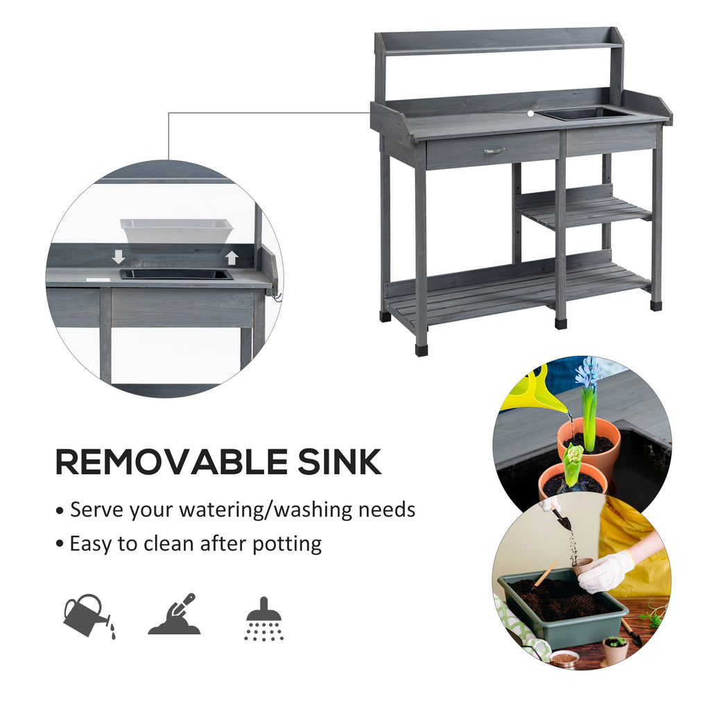 Potting Bench Table Garden Work Bench Workstation with Drawer, Removable Sink, Storage Shelves and Hooks for Patio, Courtyards, Balcony