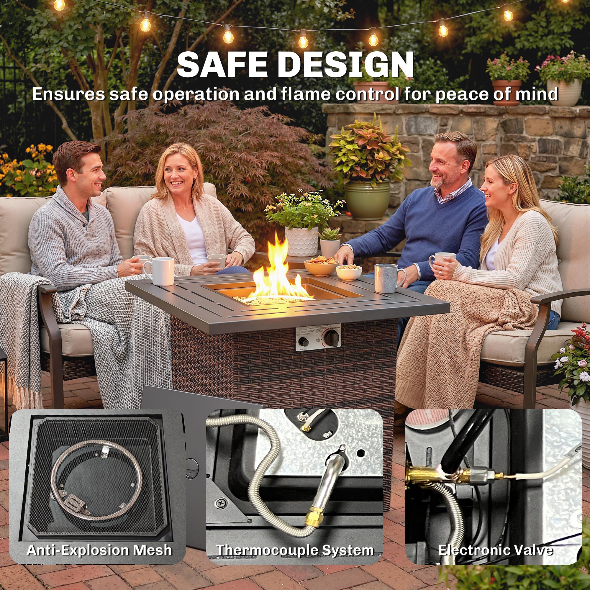 Propane Fire Pit Table, 28 Inch 40,000 BTU Square Rattan Fire Table with Lava Rock, Pulse-Ignition Wicker Gas Fire Pit