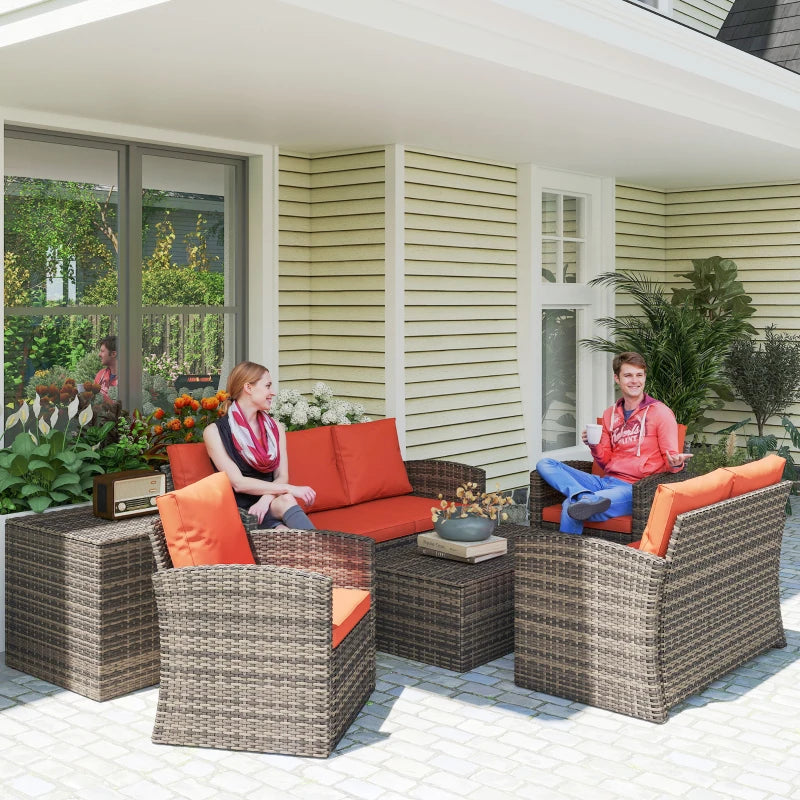 Beige wicker outdoor sofa set with 2-tier table and comfortable cushions