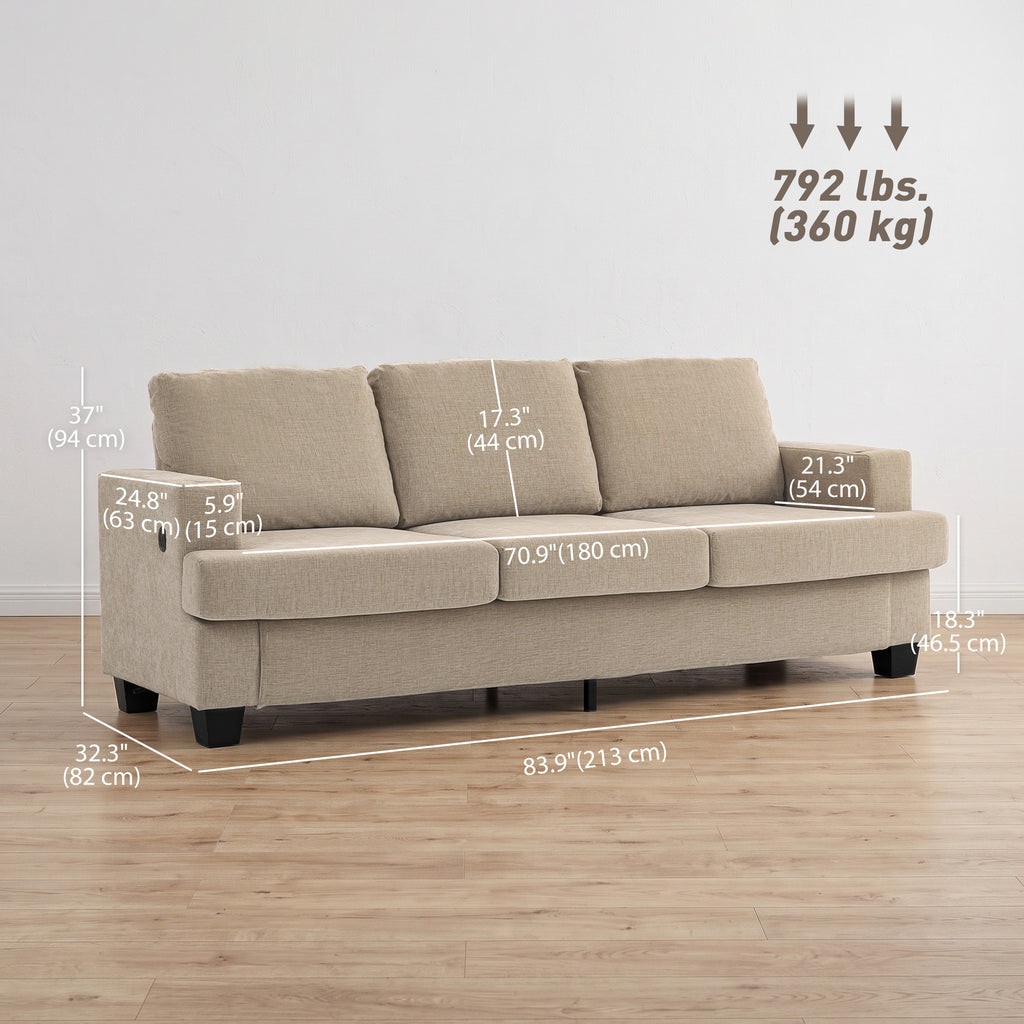 3 Seater Sofa with USB Ports & Cup Holders, Chenille-Feel Upholstered Couch for Living Room, Light Brown