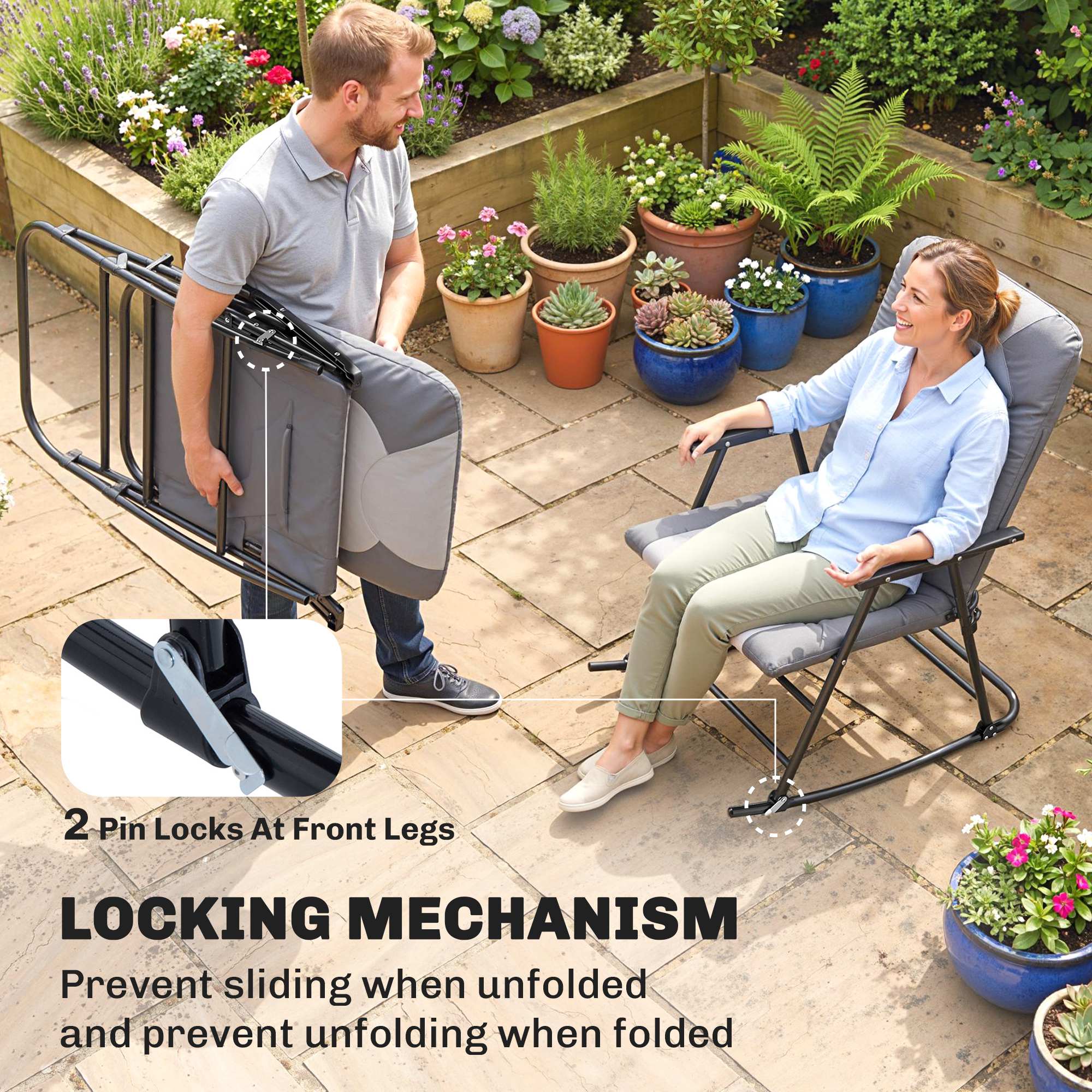 Folding Rocking Chair Set of 2 Padded Rockers with Armrest, Light Grey