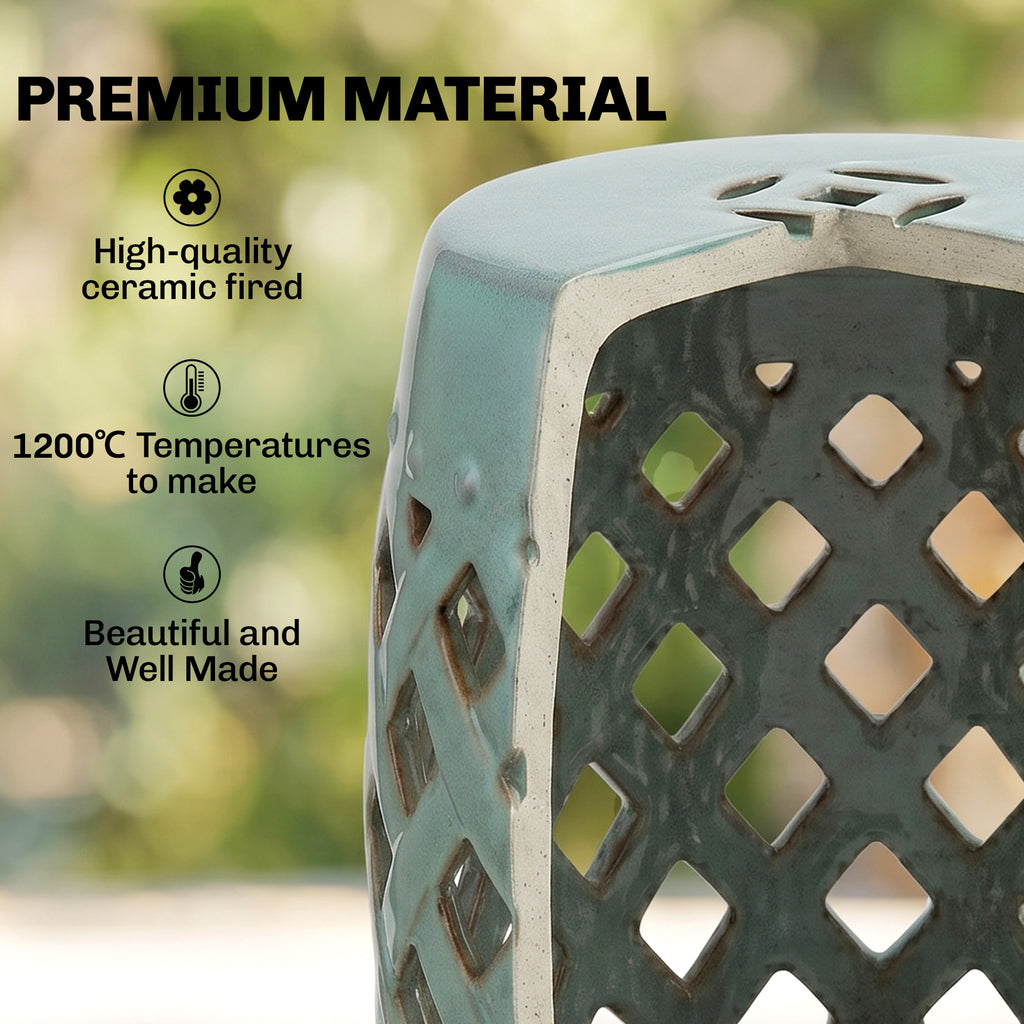 12.4" x 17.9" Ceramic Garden Stool with Woven Lattice Design, Indoor & Outdoor Decorative Accent Stool, Blue