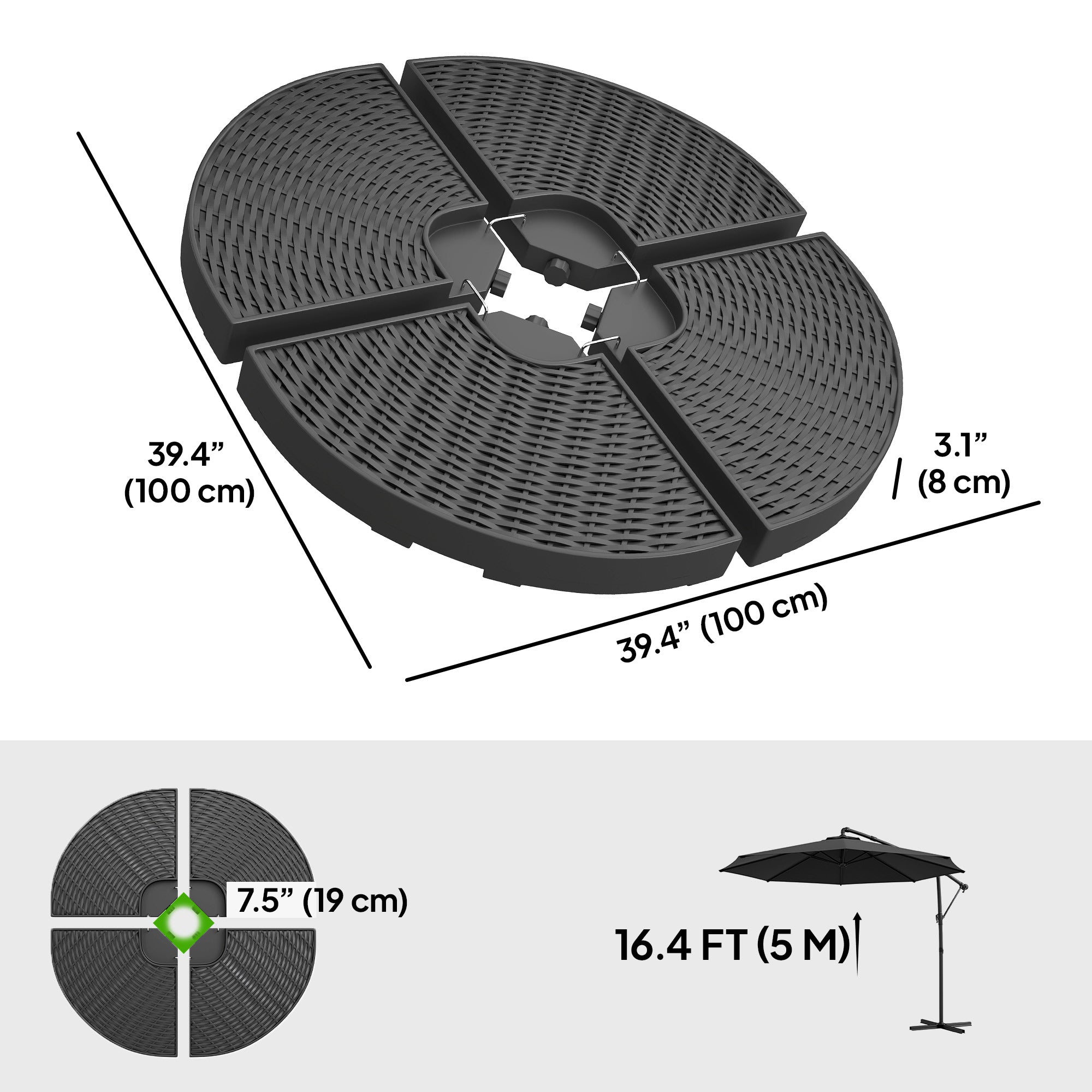 4PCs Cantilever Umbrella Base Weights for Offset Banana Parasol, Wicker Effect HDPE Water or Sand Filled Patio Umbrella Weights with Built-in Handles, Black
