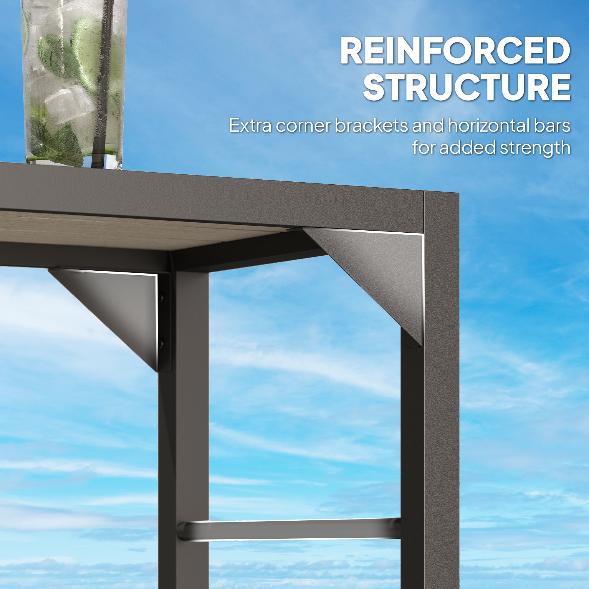 Bar Height Outdoor Table with Built-In Bottle Opener, Patio Bar Table with Wood Grain Plastic Top, 55" x 15" x 39"