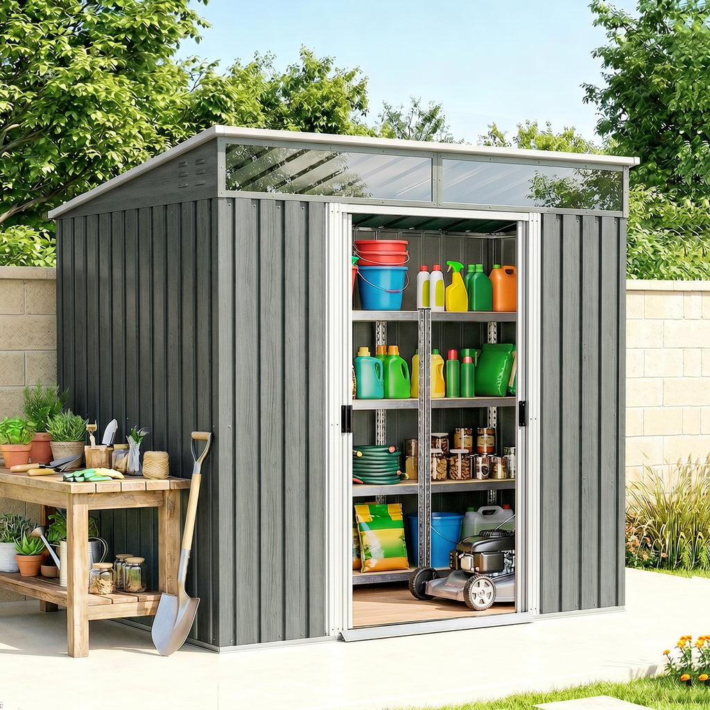 6.5x4FT Galvanised Metal Shed with Foundation Kit, Lockable Garden Tool Storage House with Sliding Doors, Vents, Grey