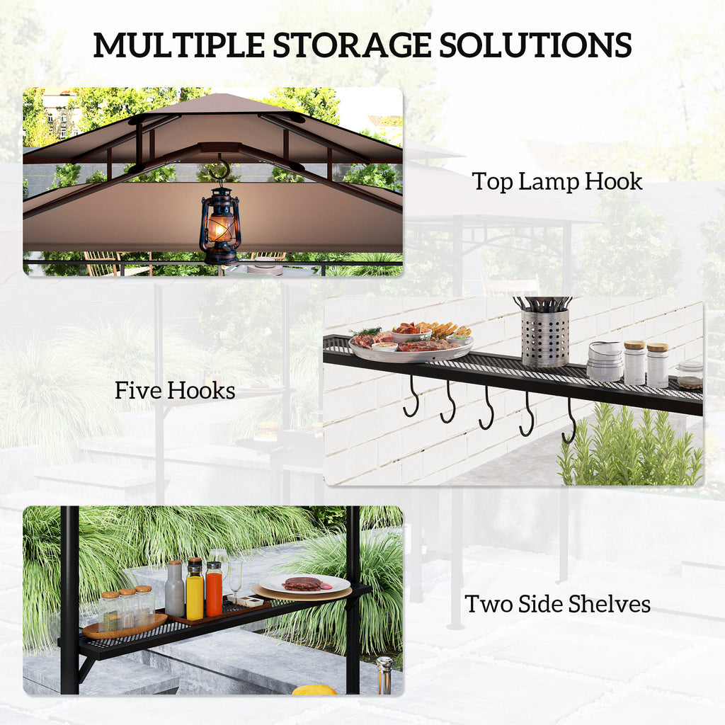 8' x 7.6' Grill Gazebo, Double Tiered Barbecue Grill Gazebo Shelter w/ Side Awning, 2 Side Shelves, 6 Hooks, Brown