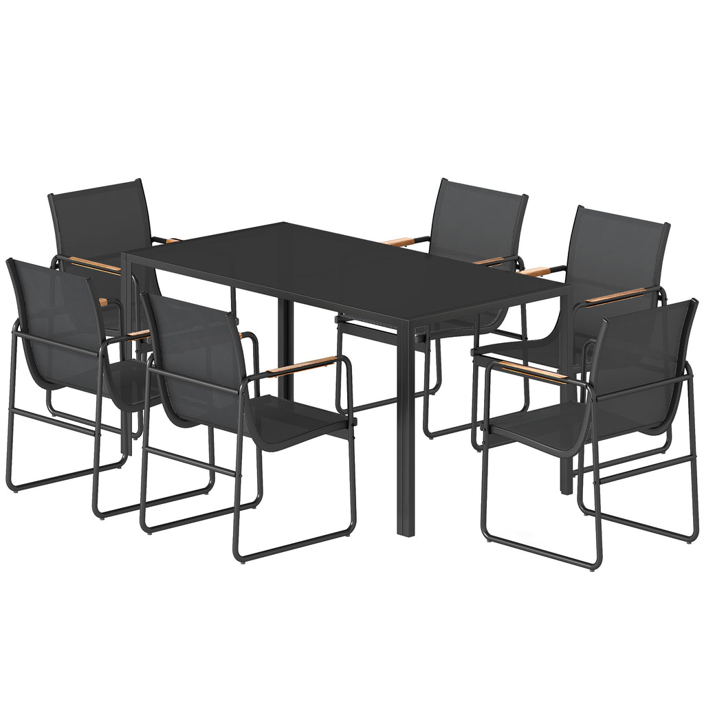 7 Pieces Outdoor Dining Set for 6, Glass Patio Table and Chairs with Decorative Armrests, All Weather Mesh, Black