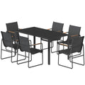 7 Pieces Outdoor Dining Set for 6, Glass Patio Table and Chairs with Decorative Armrests, All Weather Mesh, Black