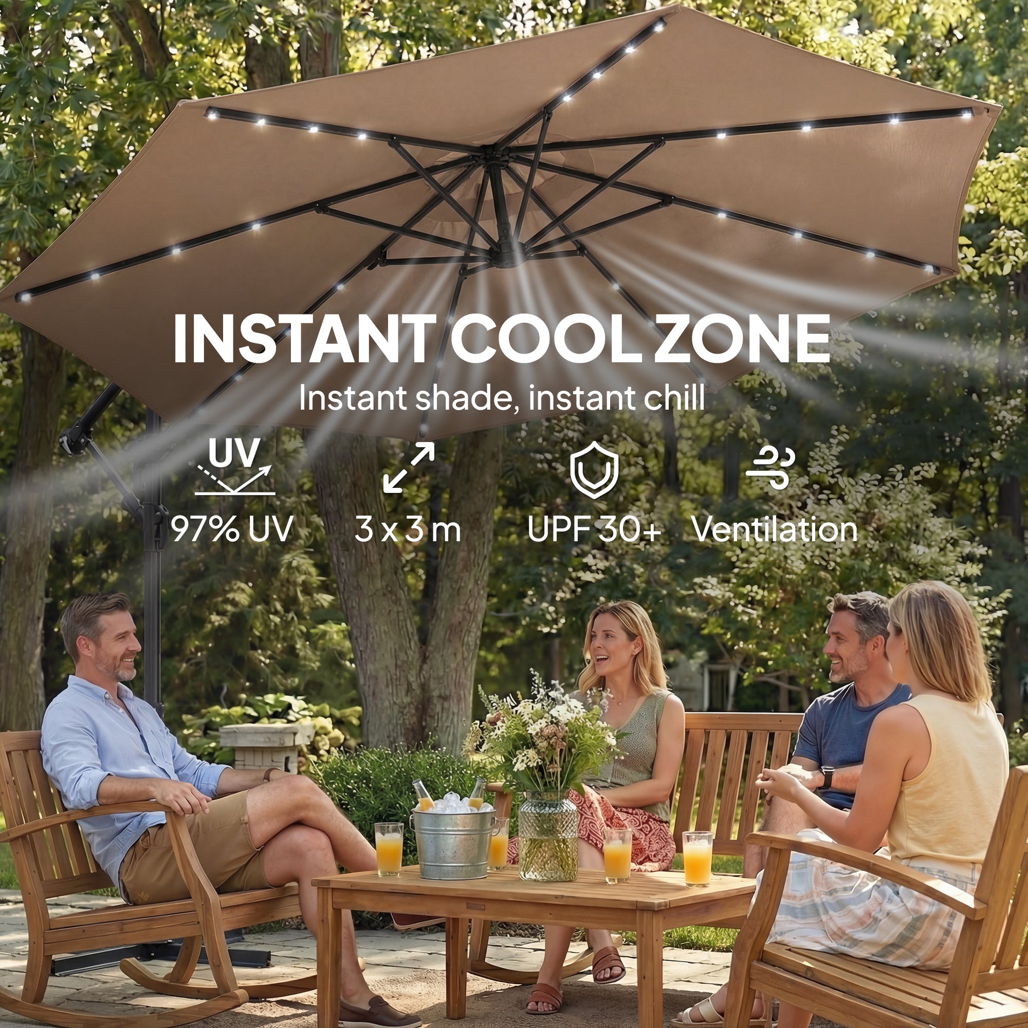 9.7 ft Cantilever Patio Umbrella with Solar Light, Garden Hanging Parasol with Cover, Tilt, Crank, Khaki