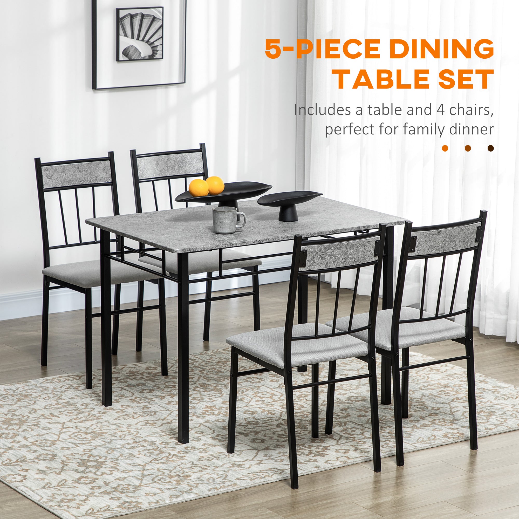 5 Pieces Diner Tables Dining Room Sets for 4 People with Marble Effect Tabletop Padded Chairs and Metal Frame Grey