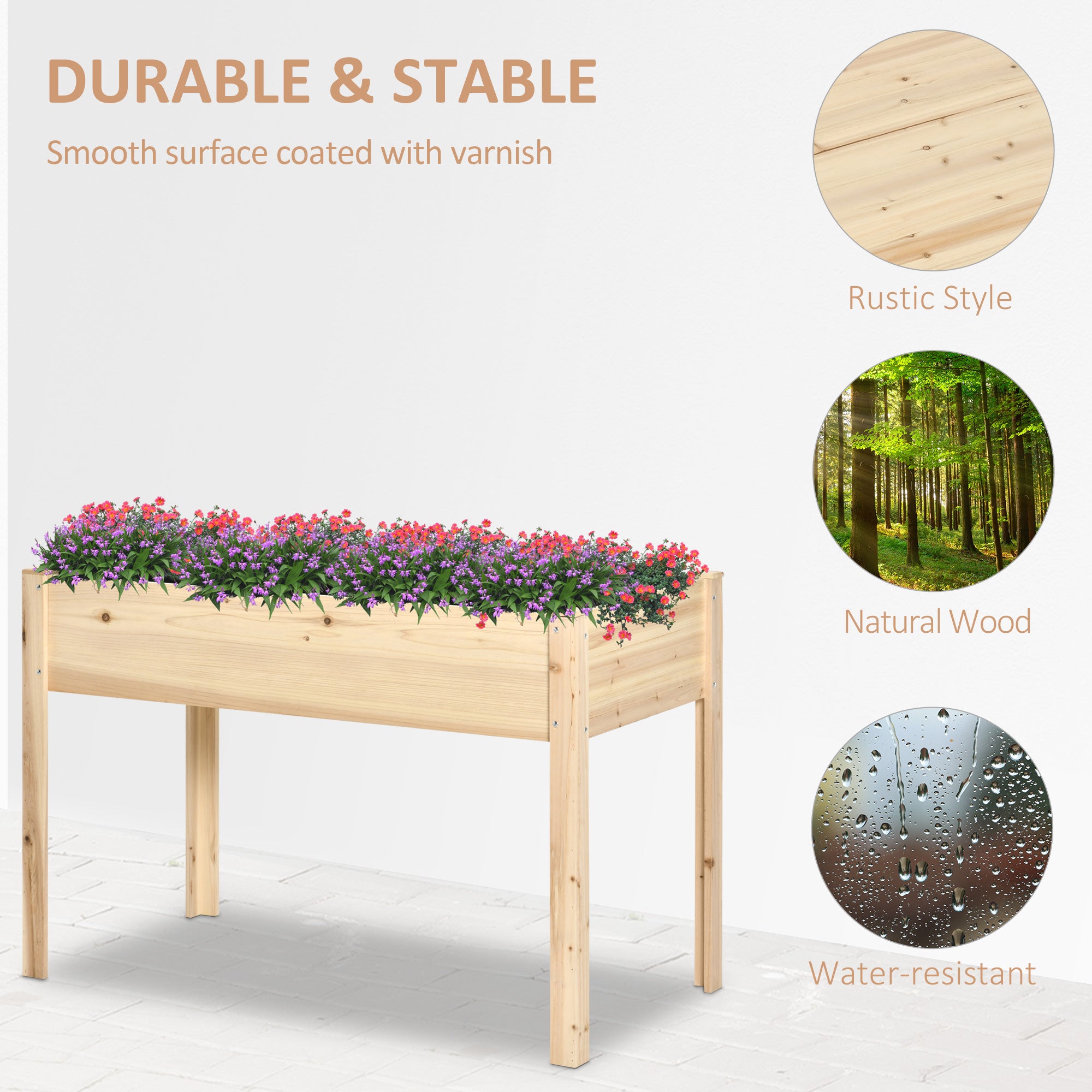 46'' x 24'' Raised Garden Bed, Wooden Elevated Planter Box with Non-Woven Liner for Vegetable, Flower, Herb in Patio, Backyard, Balcony