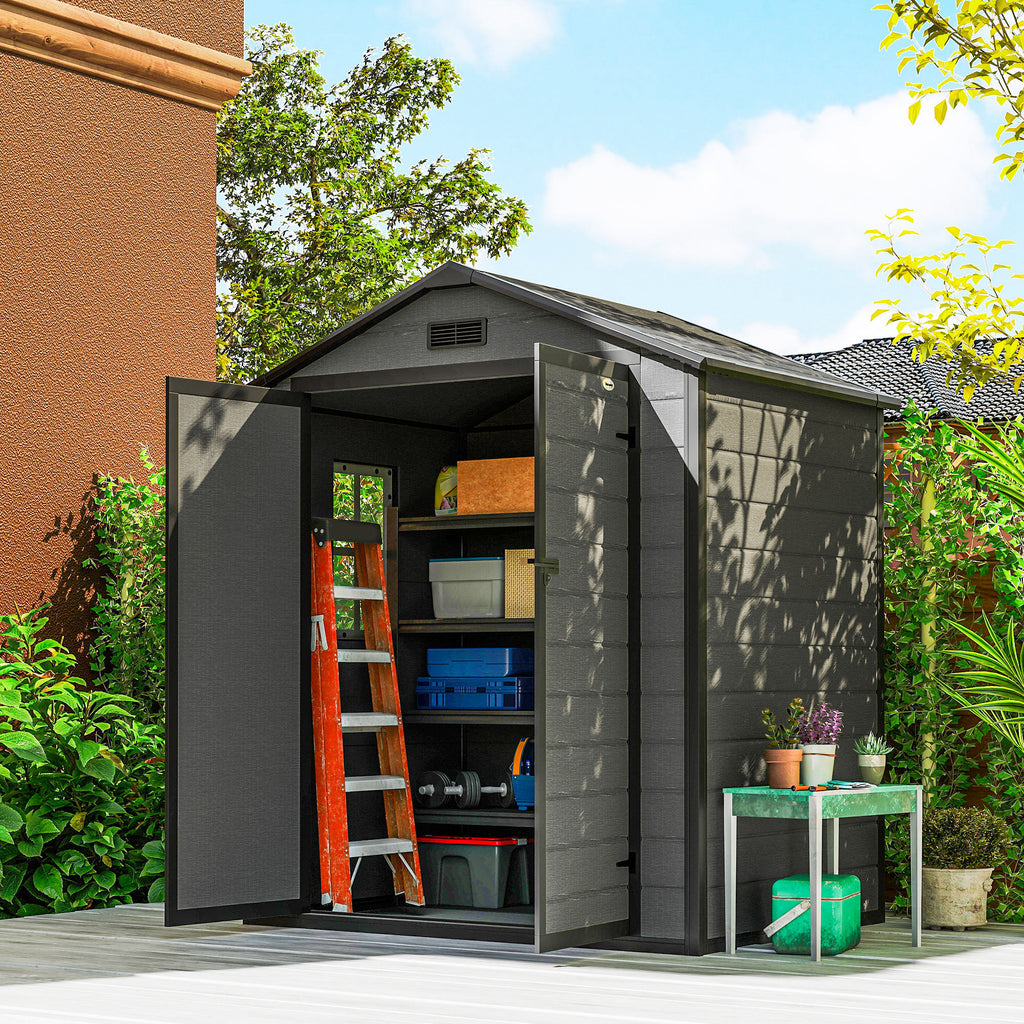 6x4.5FT Plastic Shed, Lockable Garden Tool Storage House with Double Doors and Vent, Grey