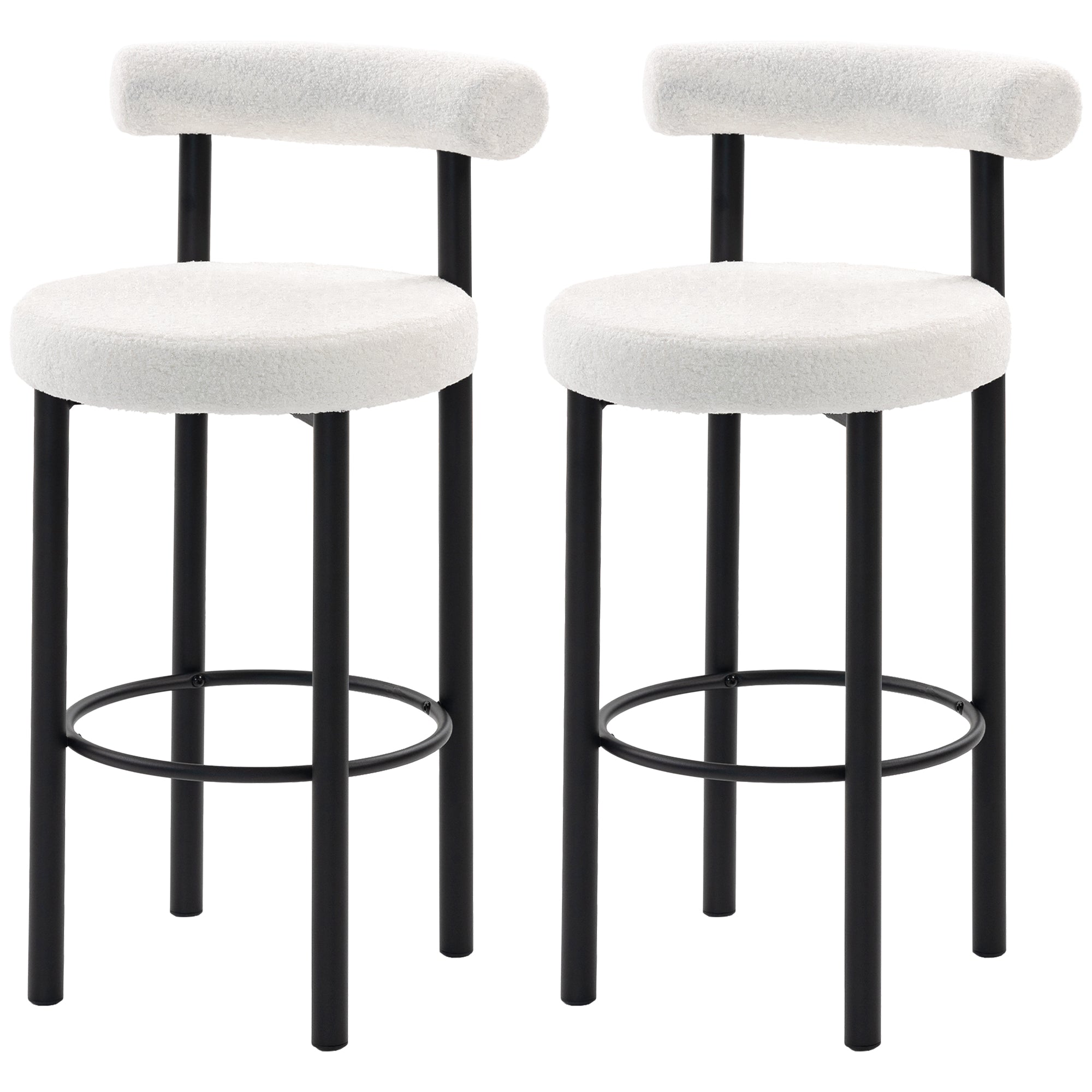 Bar Stools Set of 2, Sherpa Upholstered Barstools with Backrest, Bar Height Stools with Footrest for Kitchen Island