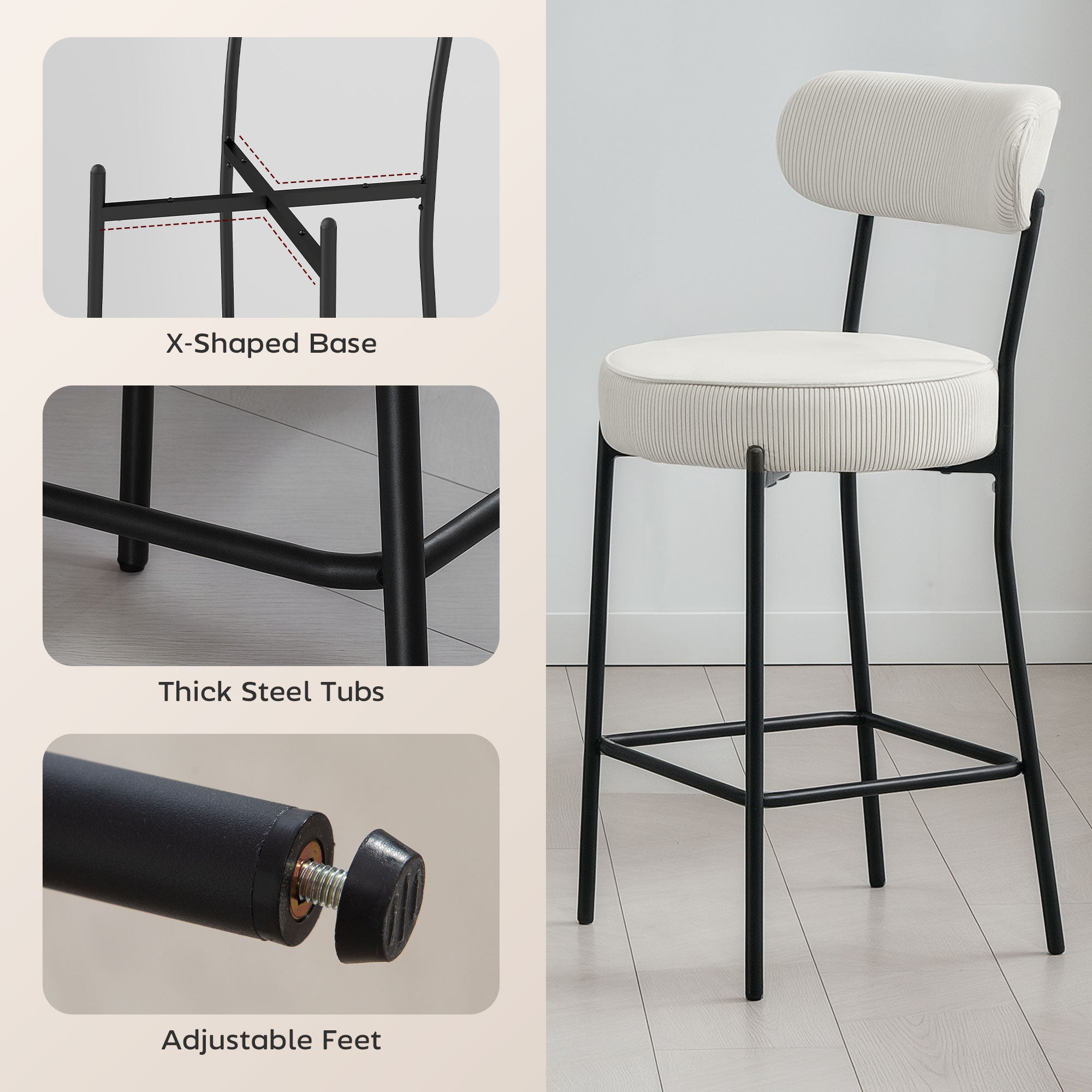 Set of 2 Barstools, Upholstered Corduroy Bar Stools with Backrest, Footrest for Kitchen Island, Dining Room, Cream White