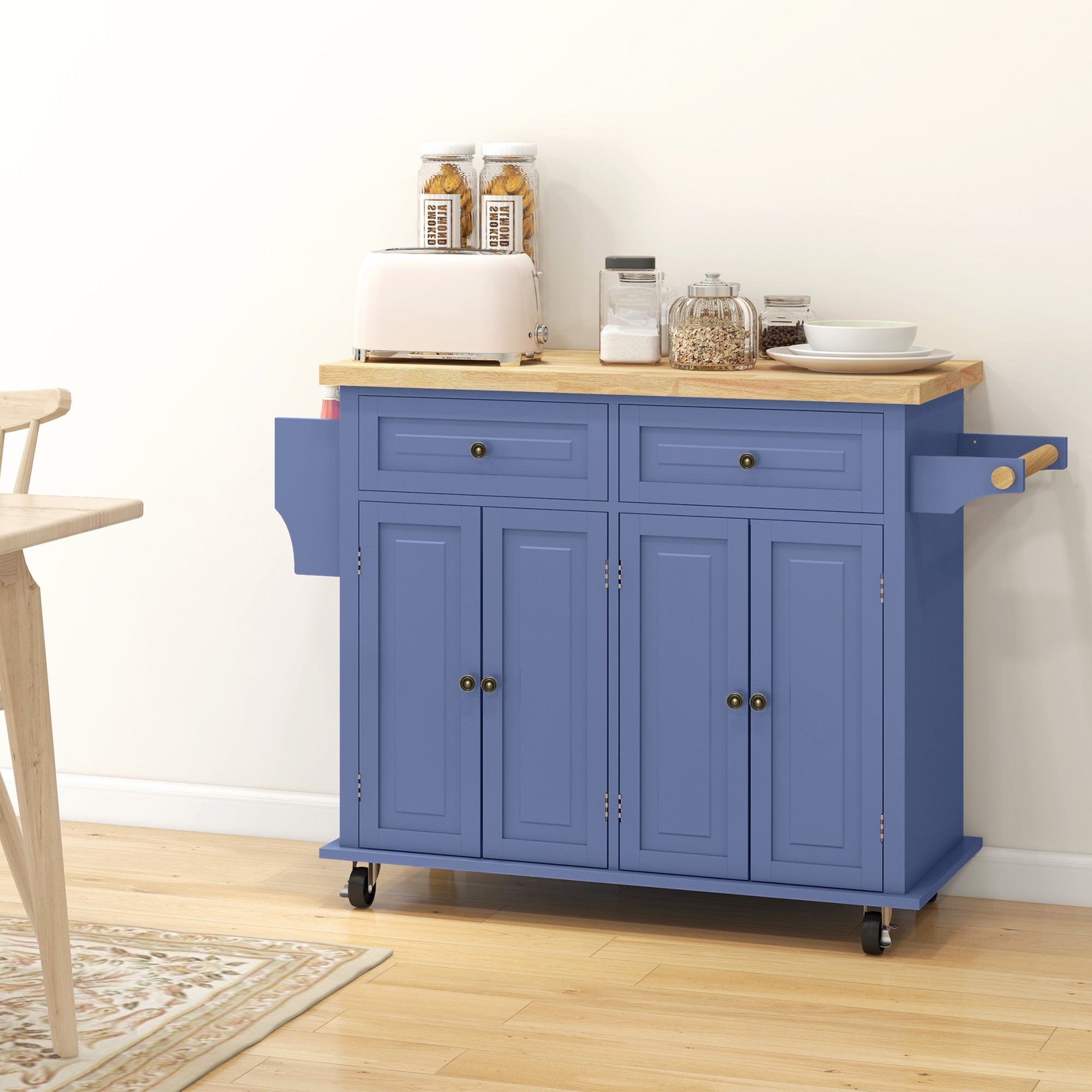 Kitchen Island with Storage, Rolling Trolley Cart with Rubber Wood Top, Spice Rack, Towel Rack, Navy Blue
