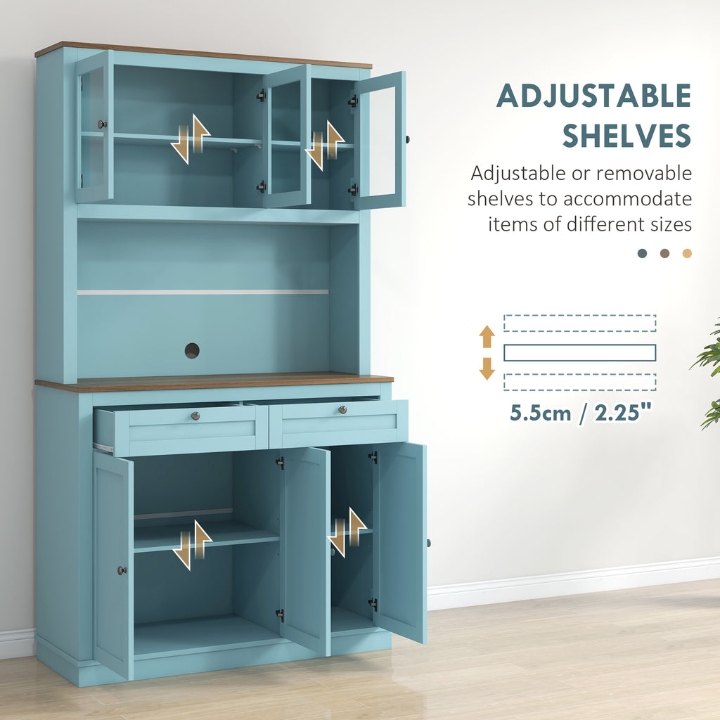 71" Pantry Cabinet with Microwave Space, Buffet with Hutch, 2 Drawers, Adjustable Shelves and Glass Doors, Blue