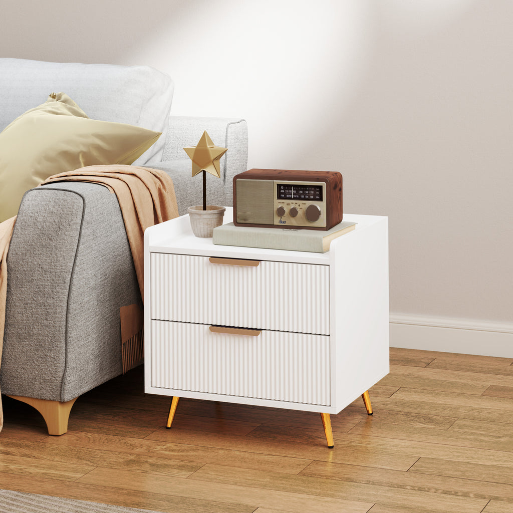 Bedside Table, Nightstand with 2 Drawers, Side End Table with Metal Legs for Bedroom, White