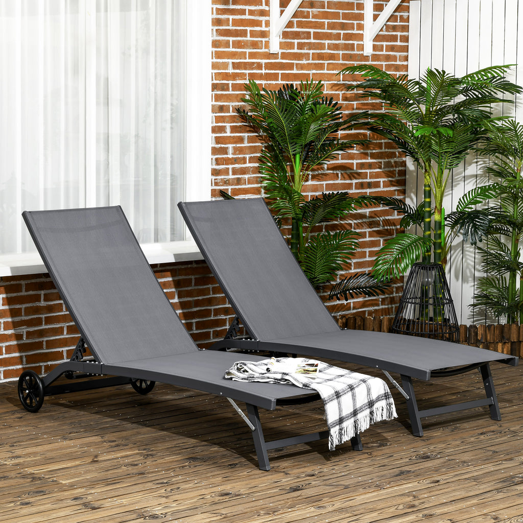 Outdoor Lounge Chair Set of 2, Tanning Chair with Wheels, Breathable Mesh for Patio, Backyard, Poolside, Dark Grey