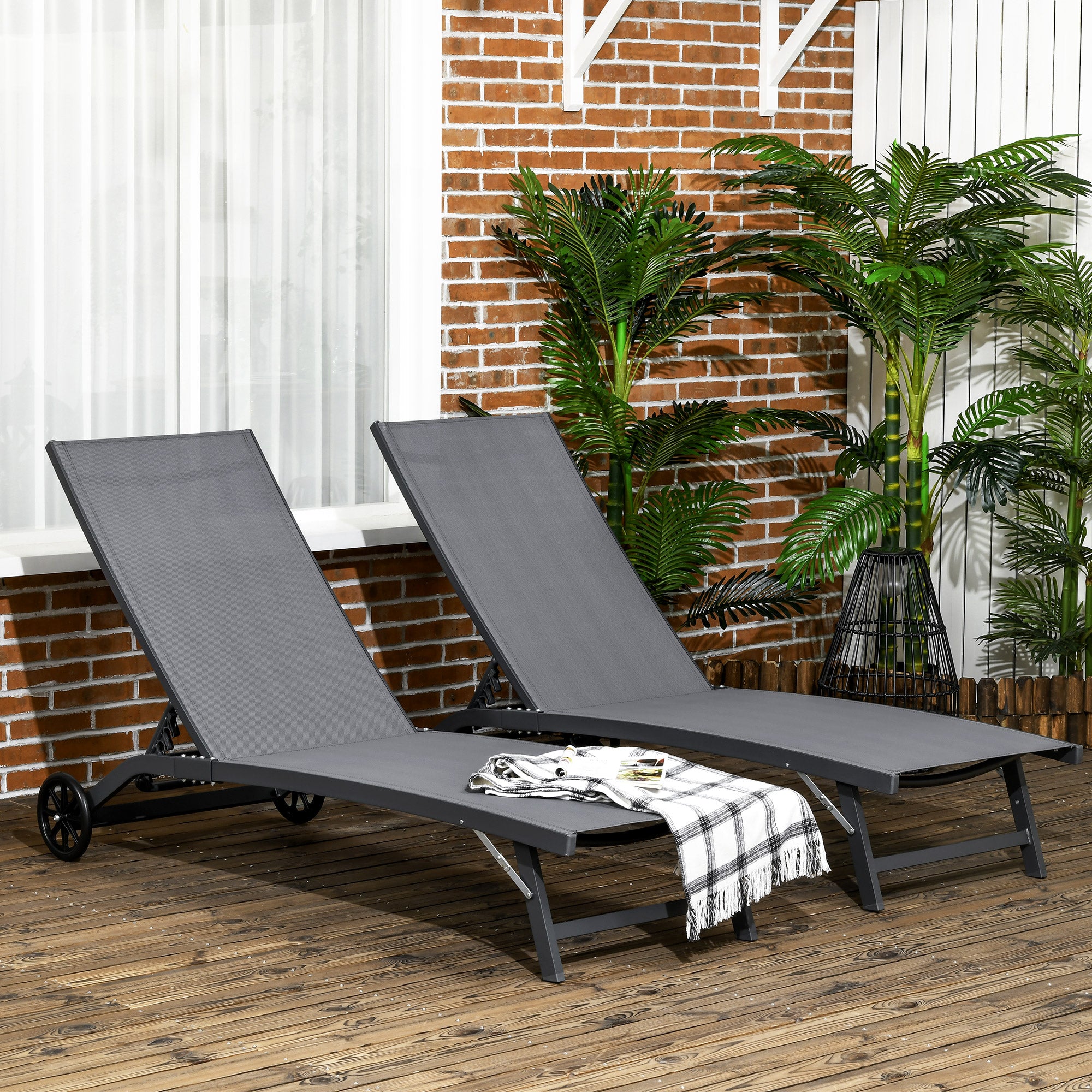Outdoor Lounge Chair Set of 2, Tanning Chair with Wheels, Breathable Mesh for Patio, Backyard, Poolside, Dark Grey