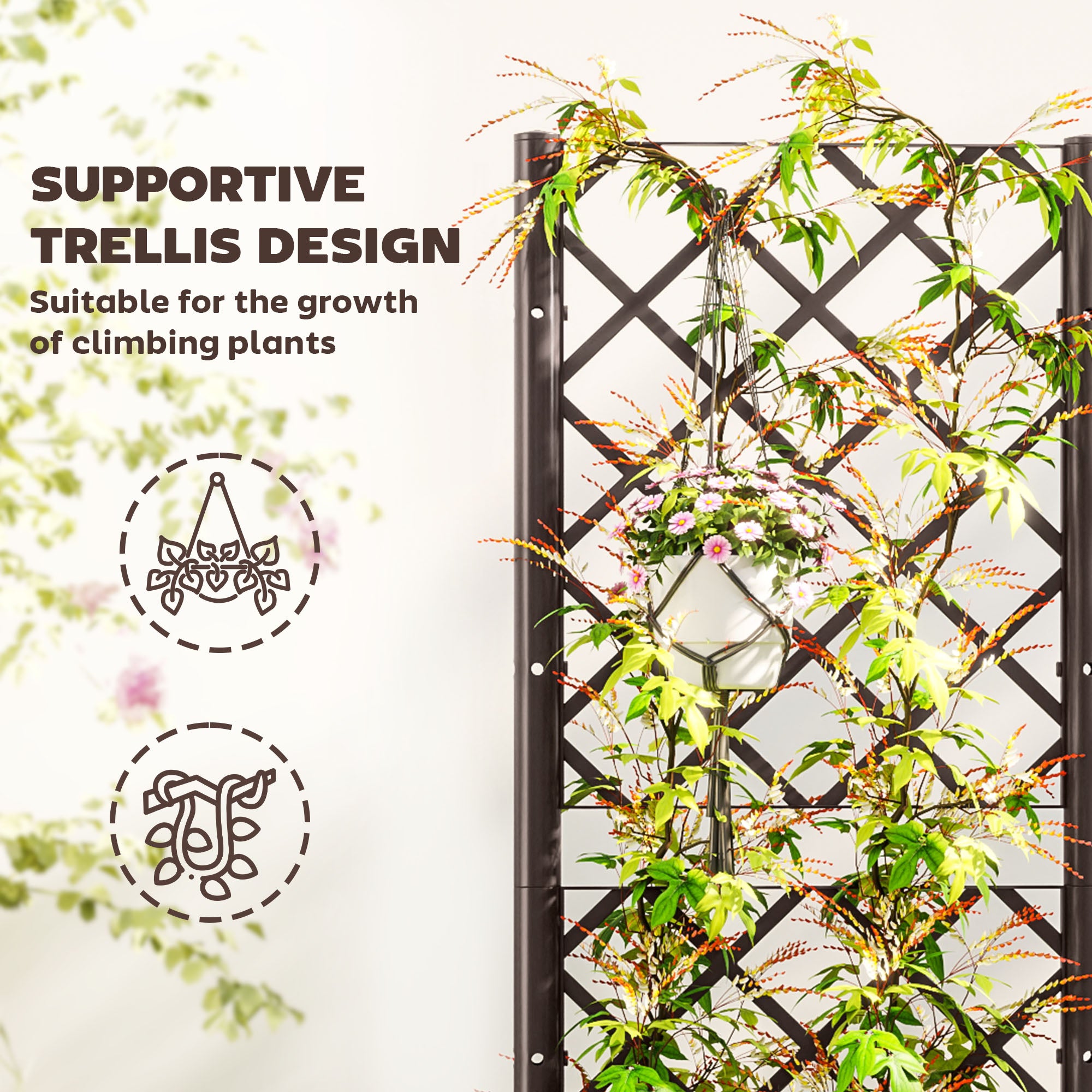 Raised Garden Bed with Trellis, Plastic Raised Flower Bed with Drainage Holes and Drain Plugs, 16" x 16" x 48"