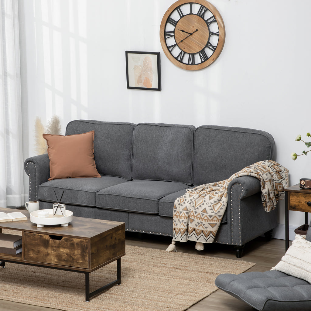 3-Seater Sofa Couch, 81" Modern Upholstered Linen Fabric Sofa with Rubberwood Legs, Nailhead Trim and Rolled Arms for Living Room, Bedroom and Apartment, Grey