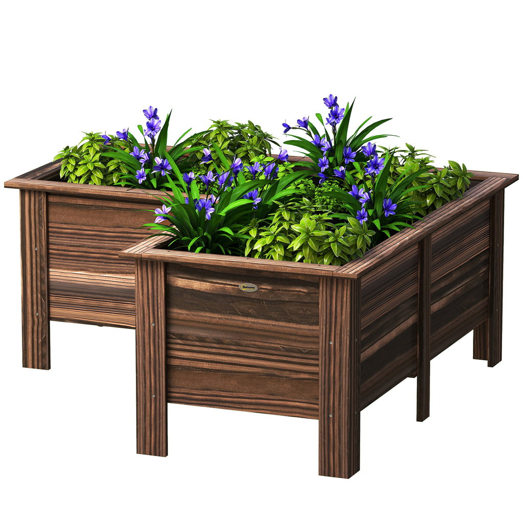 Raised Garden Bed, Wooden Elevated Planter Box Outdoor with Legs, for Vegetables, Flowers, Herbs, L-shaped, Carbonized