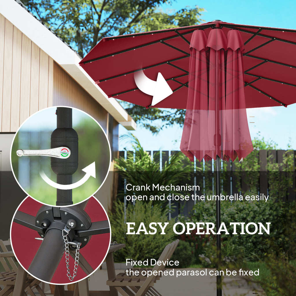 173.2" Double-Sided Sun Umbrella Garden Parasol Patio Sun Shade Outdoor with LED Solar Light, No Base Included, Wine Red