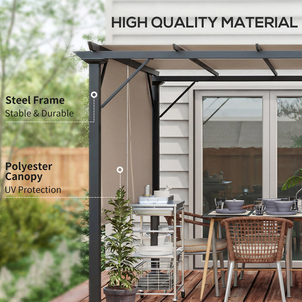12' x 10' Outdoor Patio Gazebo Pergola with Retractable Canopy Roof, Steel Frame with Stakes, Light Brown
