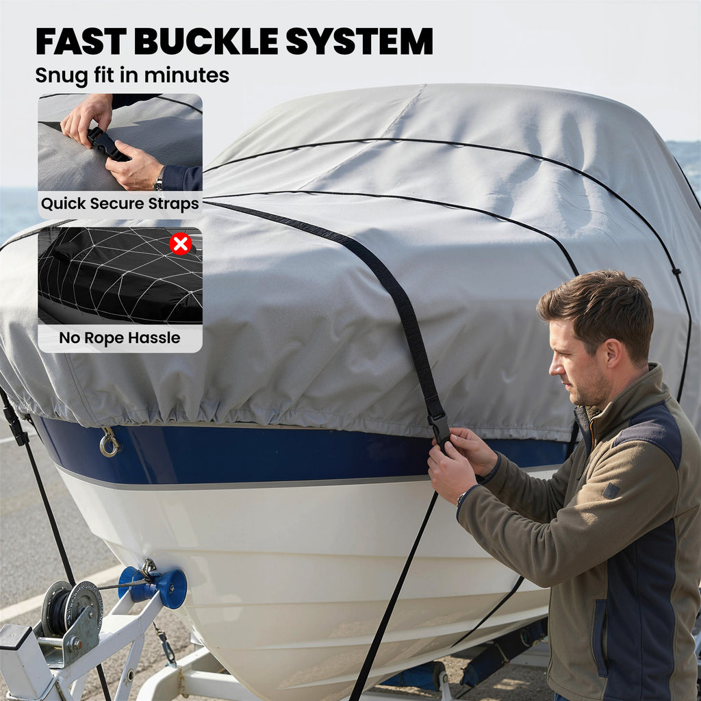 20-21 Ft Trailer Boat Cover, 3000mm Waterproof Universal Boat Cover with Quick-Fasten Buckles, Light Grey