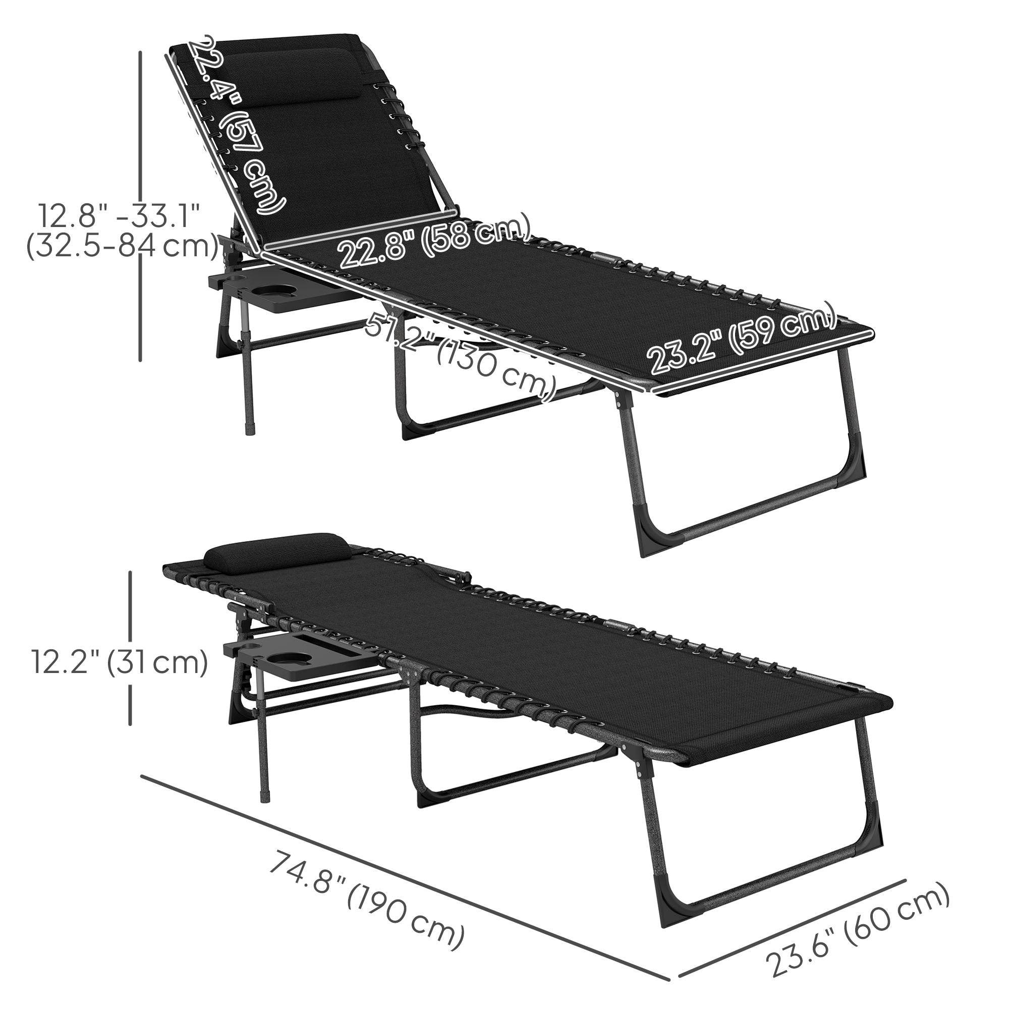 Folding Lounge Chair, Outdoor Chaise Lounge Tanning Chair with Adjustable Back, Side Table, Headrest, Black