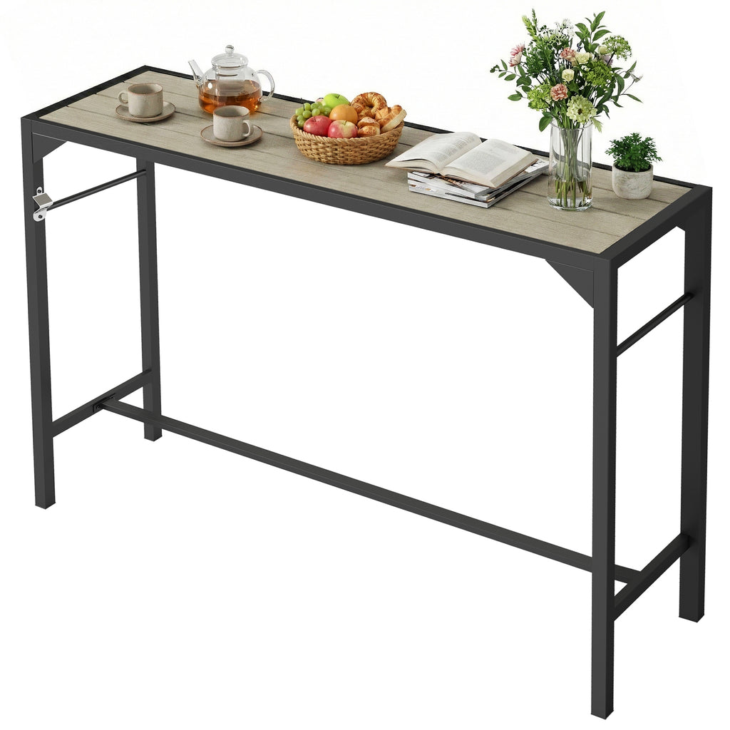 Bar Height Outdoor Table with Built-In Bottle Opener, Patio Bar Table with Wood Grain Plastic Top, 55" x 15" x 39"