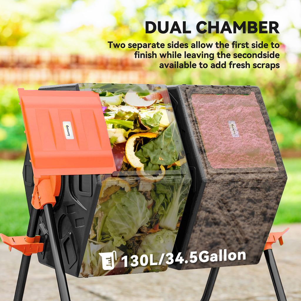 Rotating Composter, Dual Chamber Compost Bin with 24 Vents and Steel Legs, 34.5 Gallon, Orange