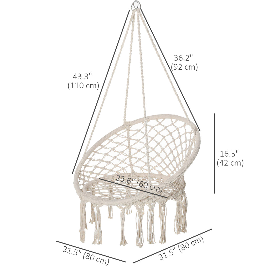 Patio Hammock Chair, Hanging Rope Hammock Swing for Indoor & Outdoor Use with Backrest, Cotton-Polyester Blend, Fringe Tassels, Cream White
