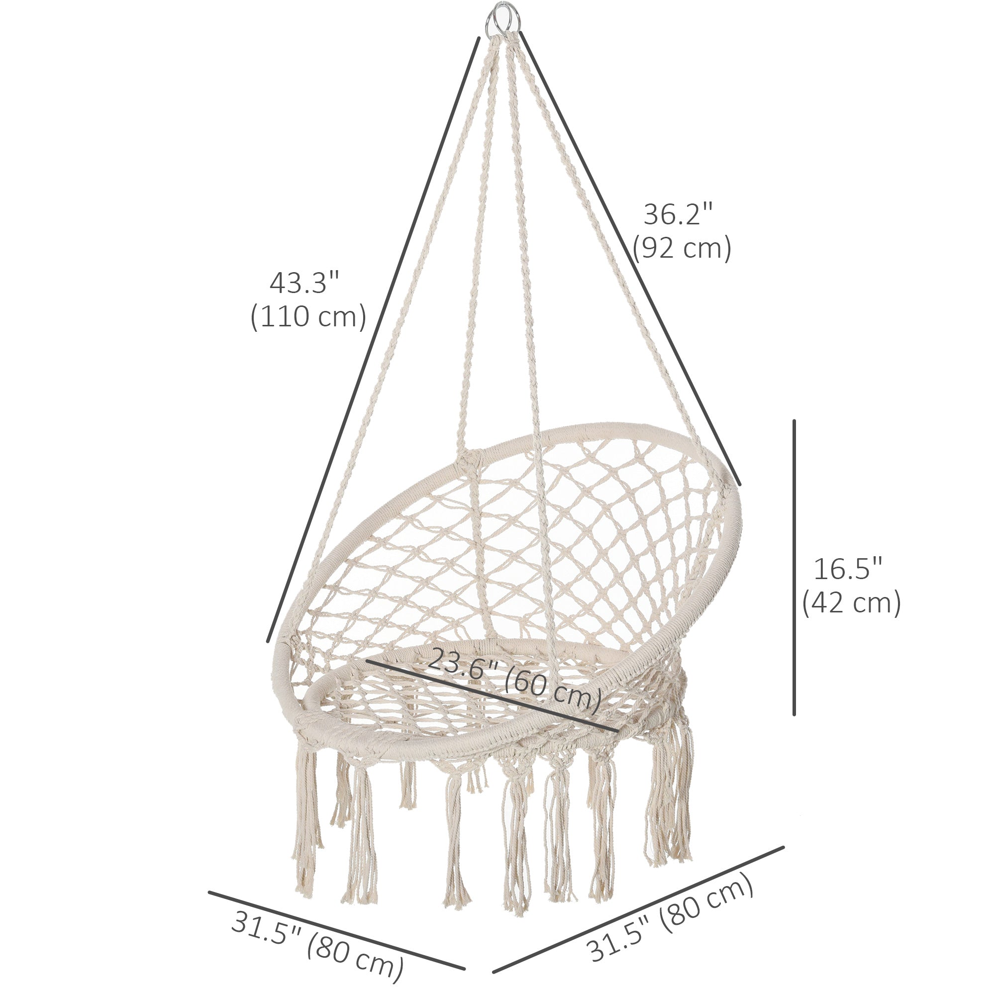 Patio Hammock Chair, Hanging Rope Hammock Swing for Indoor & Outdoor Use with Backrest, Cotton-Polyester Blend, Fringe Tassels, Cream White