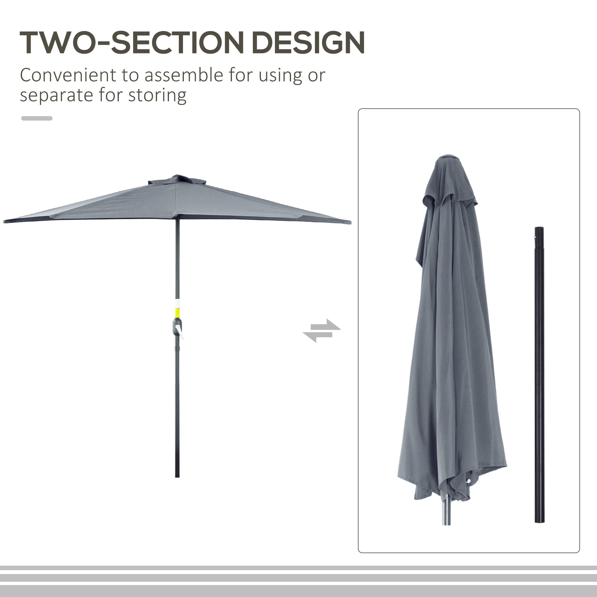 9ft Half Round Patio Umbrella, Outdoor Market Patio Table Umbrella Parasol with Crank Mechanism, 5 Ribs, Grey