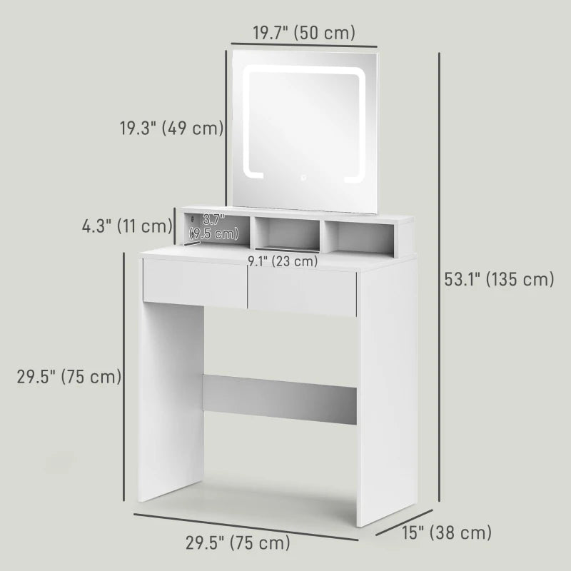 White vanity table with mirror, LED lights and multiple drawers
