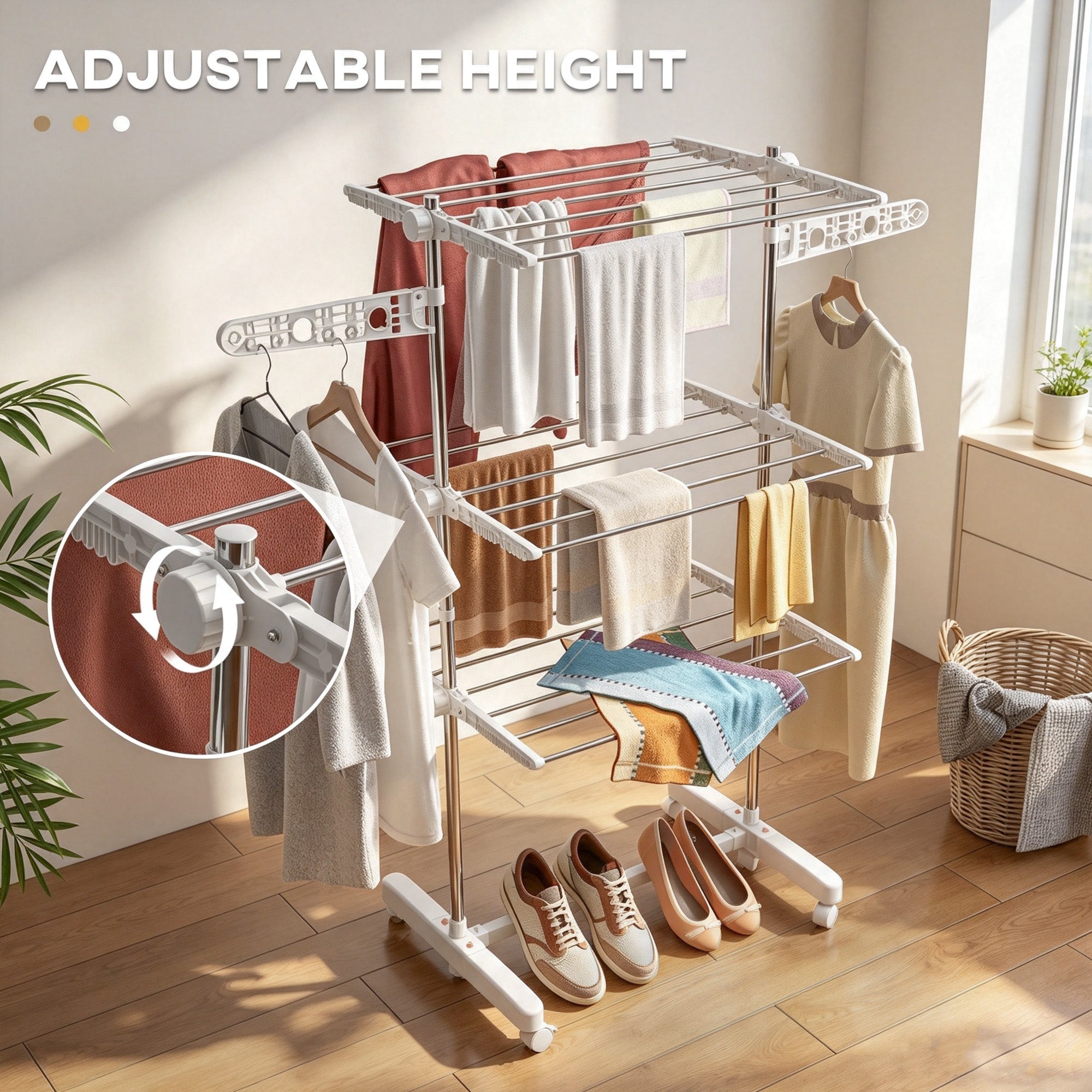 3-Tier Foldable Clothes Drying Rack, Stainless Steel Laundry Rack with 2 Side Wings and 6 Castors, Collapsible Adjustable Clothes Airer for Indoor Outdoor, White