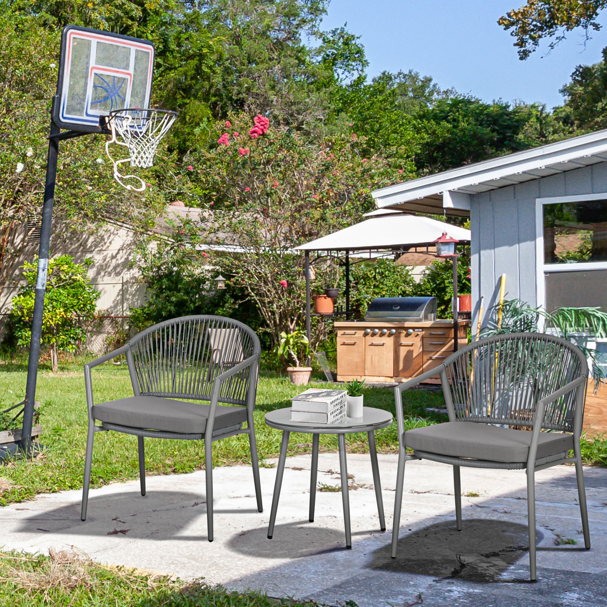 3-Piece Rattan Bistro Set, Garden Seating Group with 2 Armchairs and Coffee Table, Balcony Furniture Set, Grey