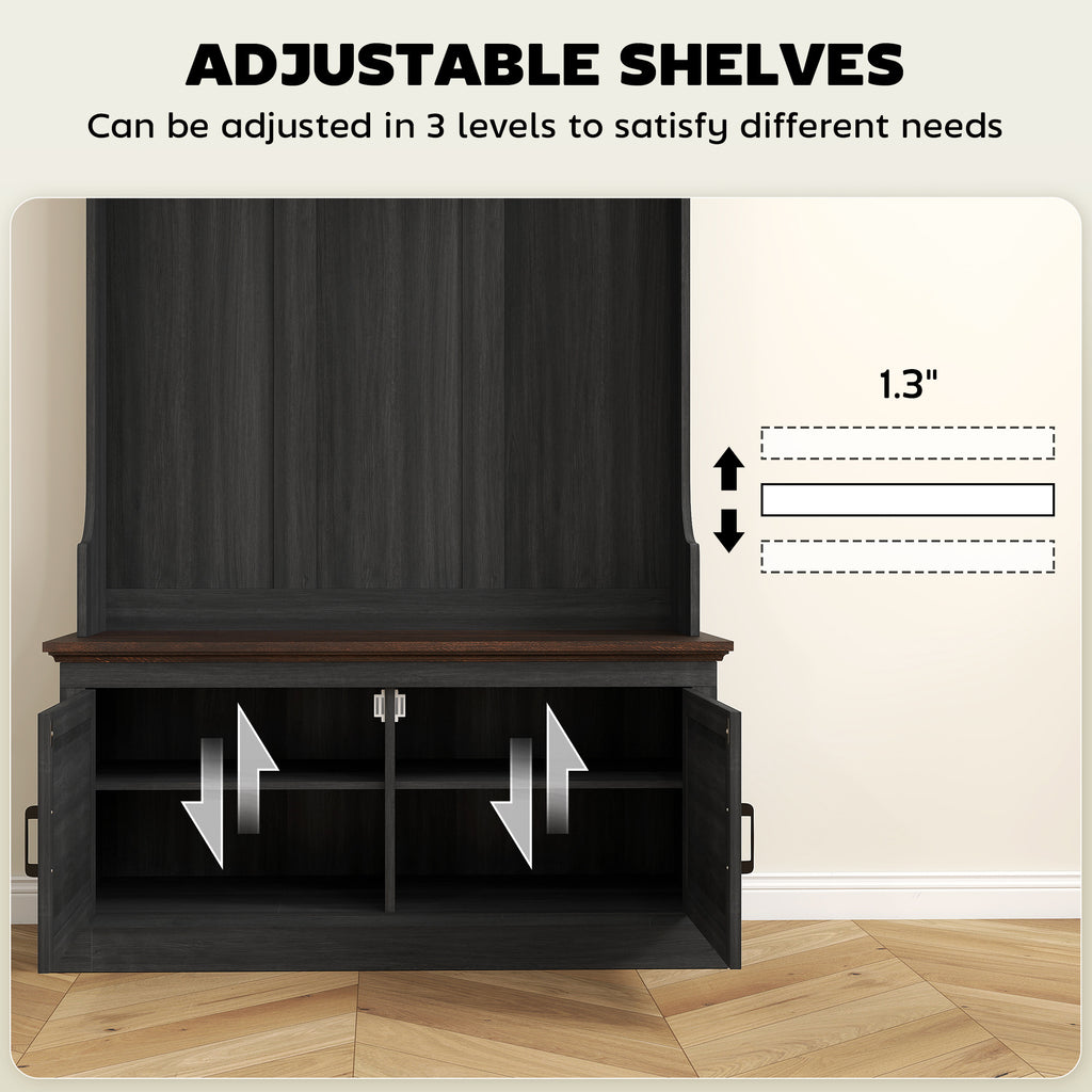 3-in-1 Hall Tree with Bench, Coat Rack with Shoe Storage, Distressed Black