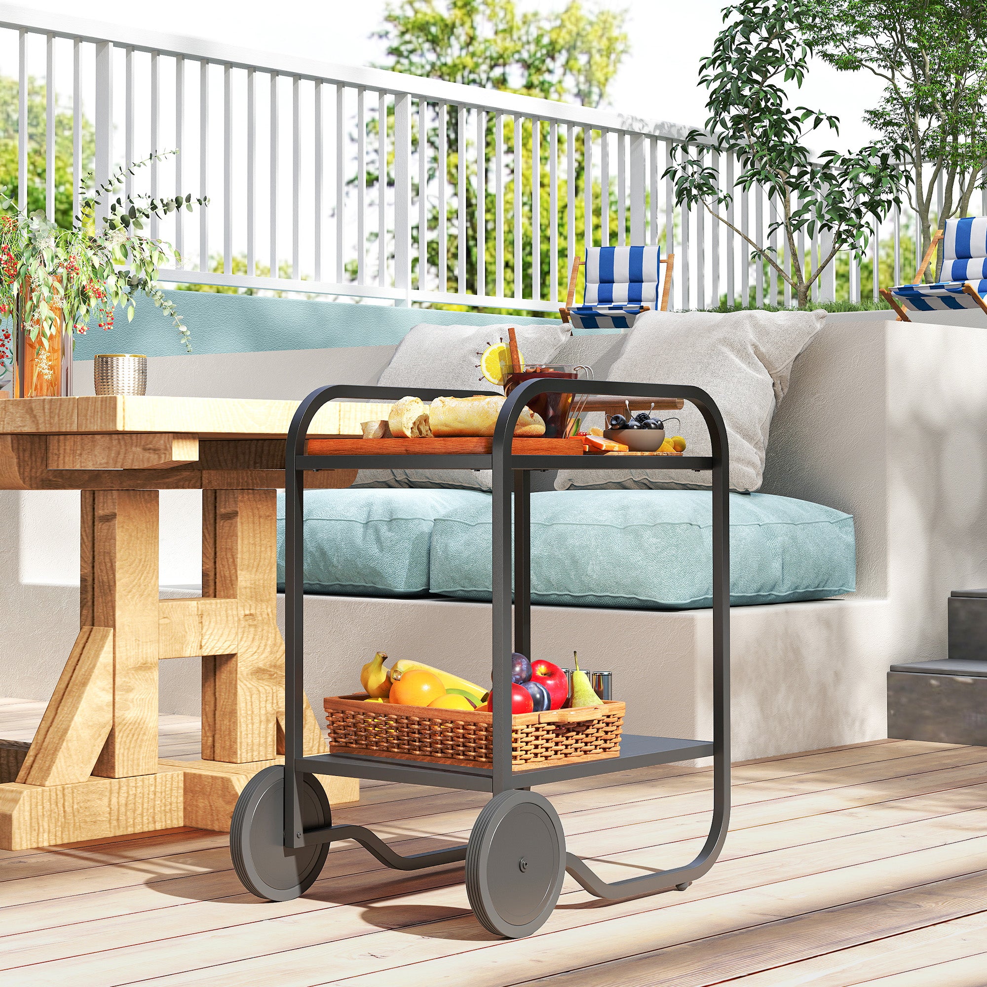 Outdoor Grill Cart with Storage, 2-Tier Bar Cart on Wheels with Side Handle, Steel Frame for Indoor Outdoor, Black