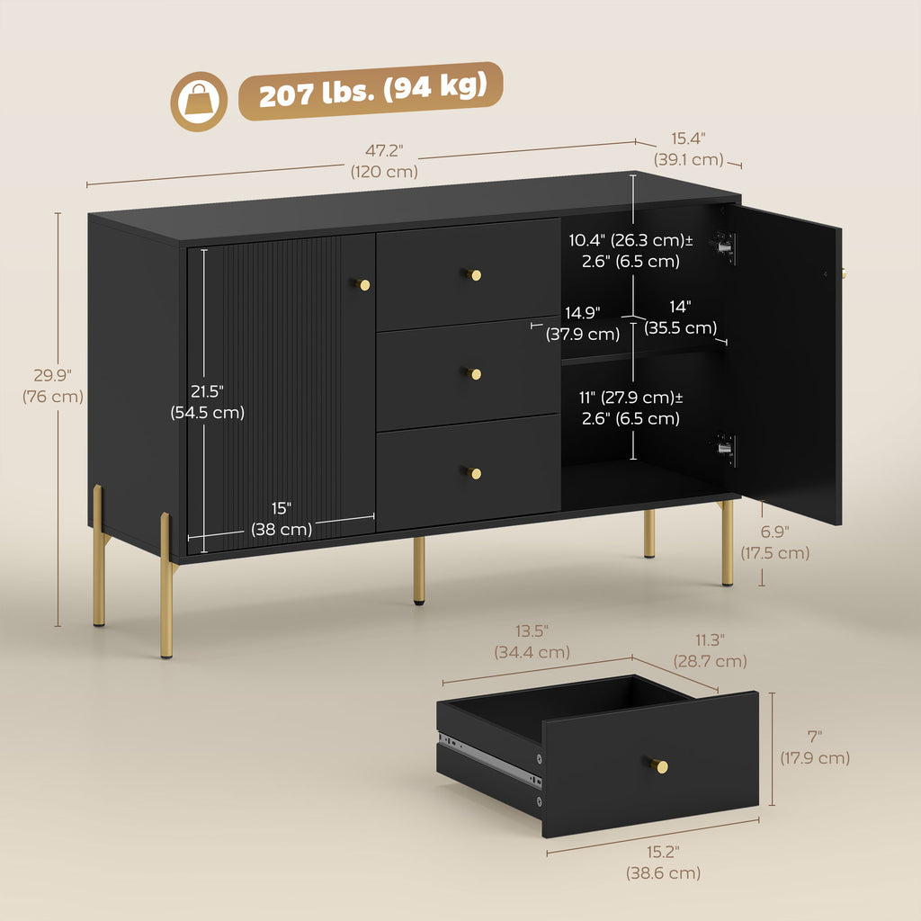 Buffet Cabinet, Modern Sideboard with 3 Soft-Close Drawers and 2 Adjustable Shelves for Living Room, Kitchen, Black
