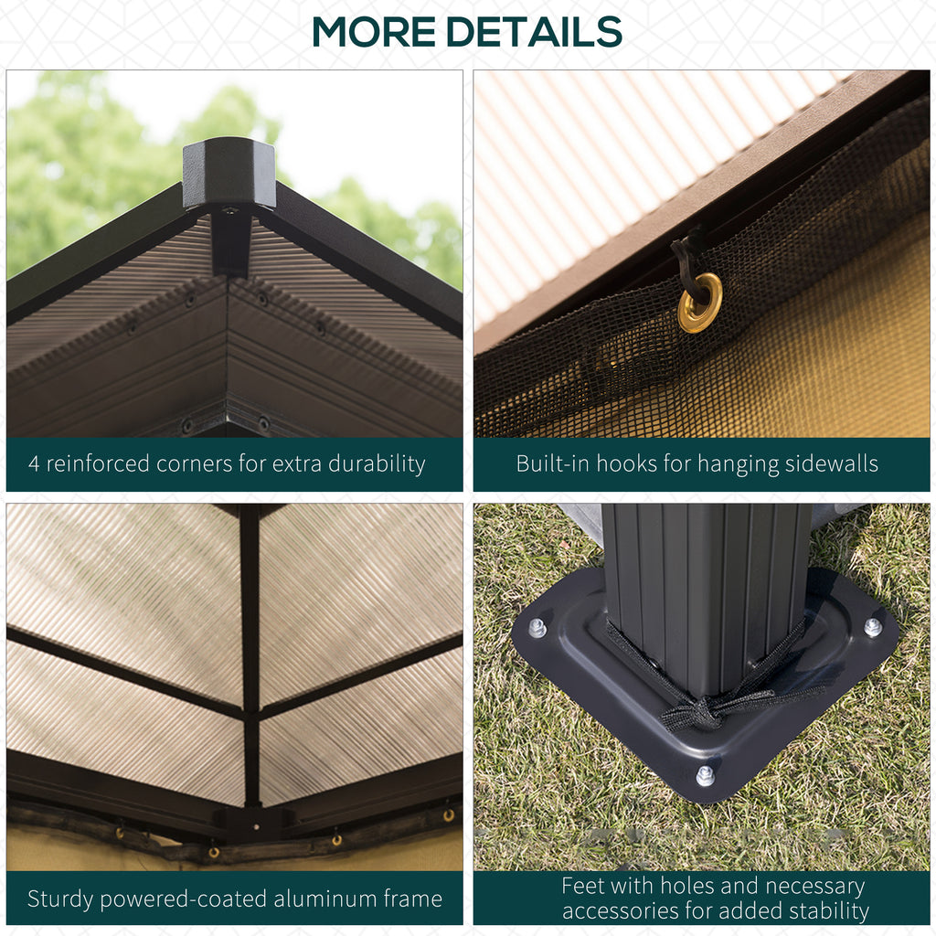 10' x 12' Hardtop Gazebo Canopy with Polycarbonate Roof, Aluminum Frame, Netting, Curtains and Ceiling Hook, Brown