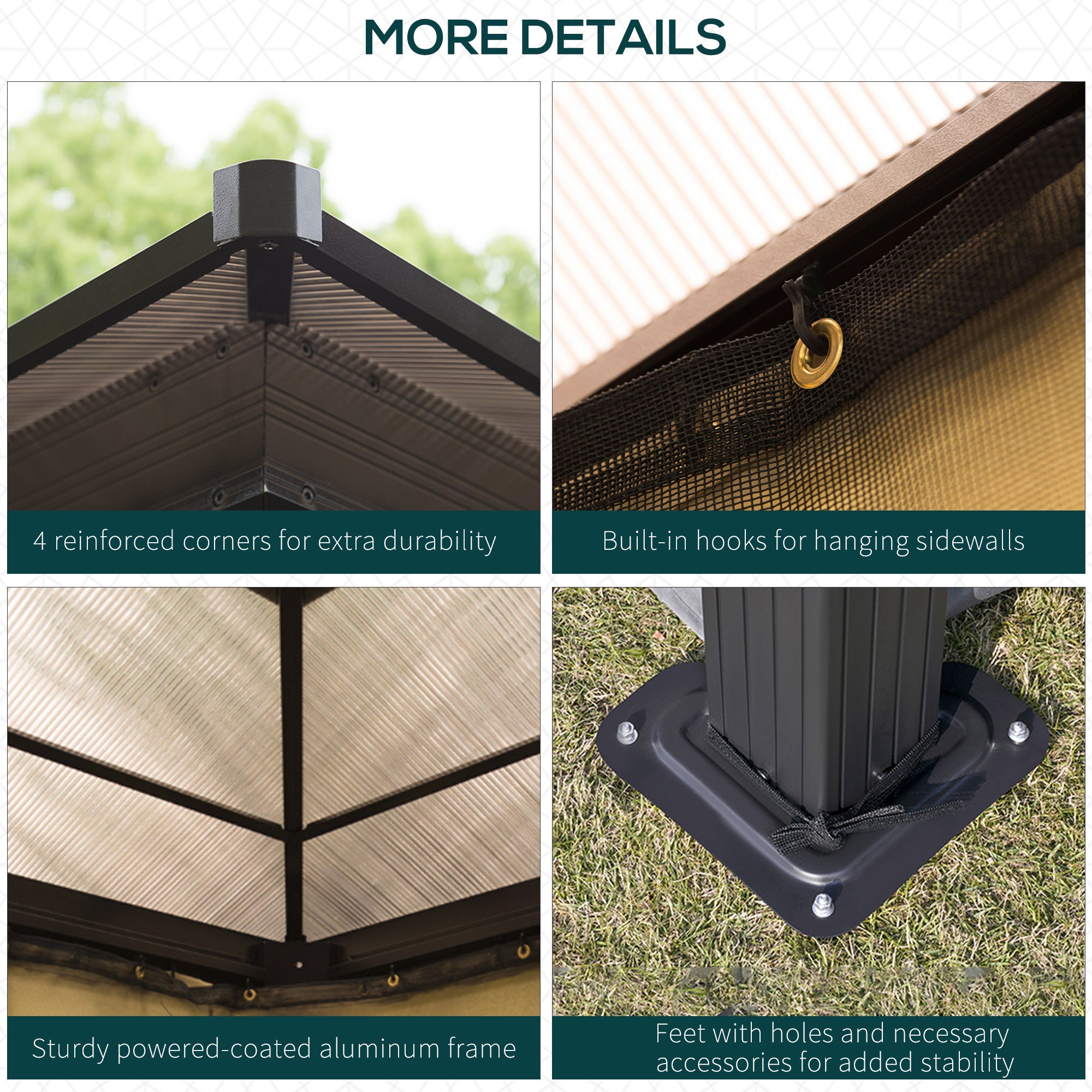 10' x 12' Hardtop Gazebo Canopy with Polycarbonate Roof, Aluminum Frame, Netting, Curtains and Ceiling Hook, Brown