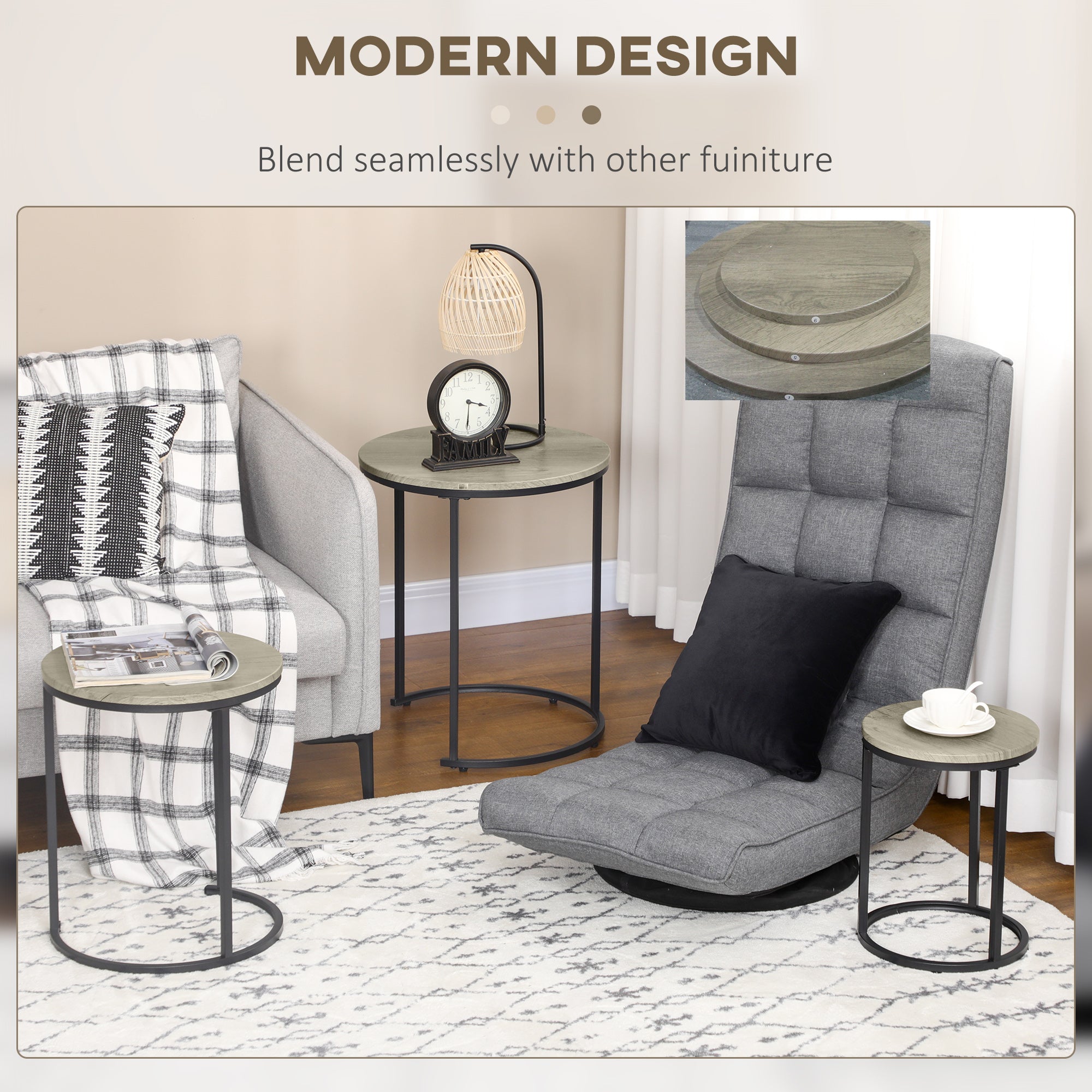 Nesting Tables Set of 3, Round Coffee Table, Stacking Side Tables with Steel Frame for Living Room