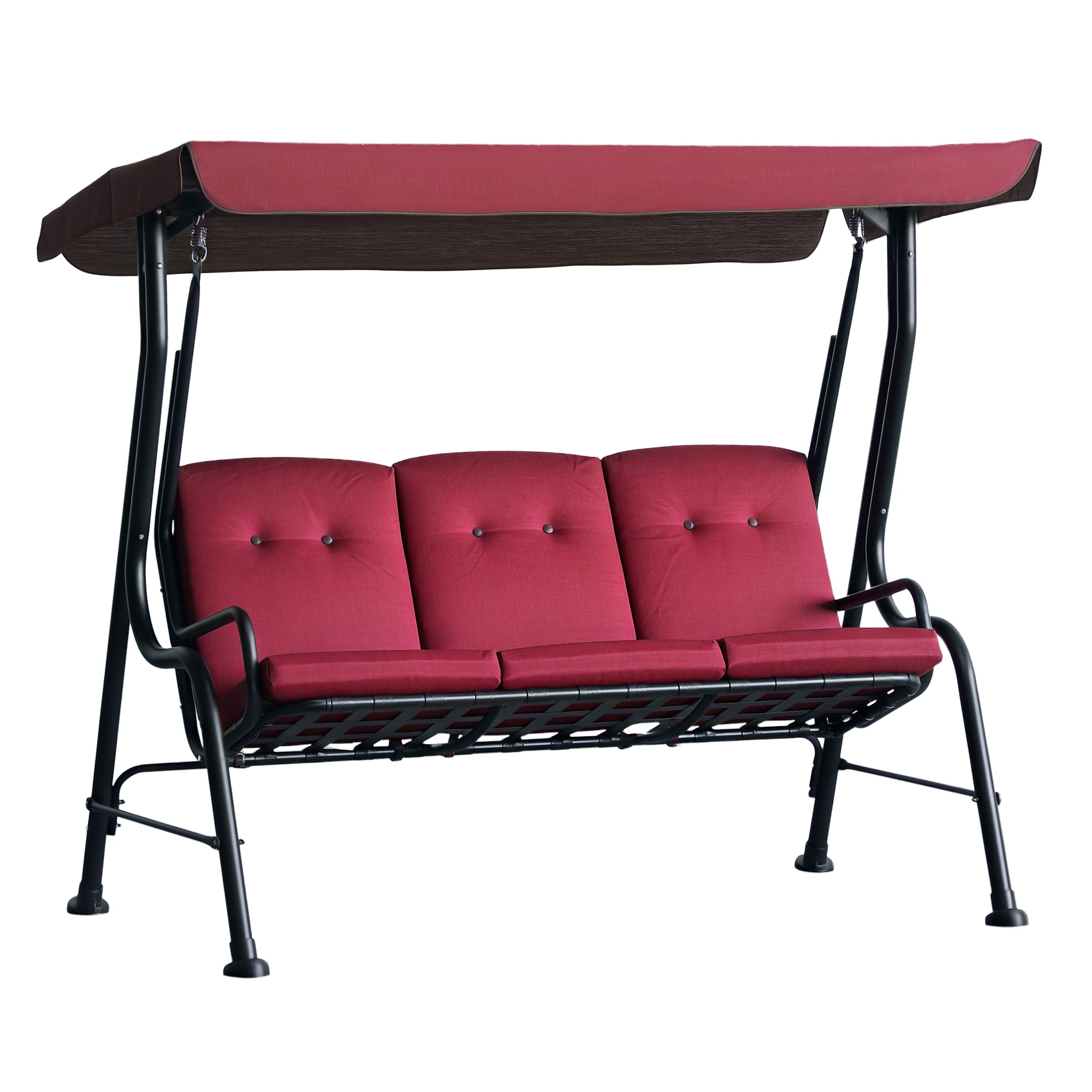 3-Person Porch Swing Chair, Patio Swing Bench with Adjustable Canopy, Removable Thicken Cushion and Weather Resistant Steel Frame for Outdoor, Garden, Poolside, Wine Red
