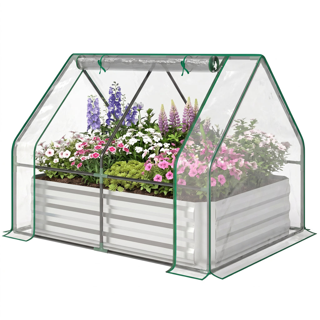 Steel Raised Garden Bed with Cover and Roll Up Door, Dual Use, 50"x37.4" Outdoor Greenhouse, Clear