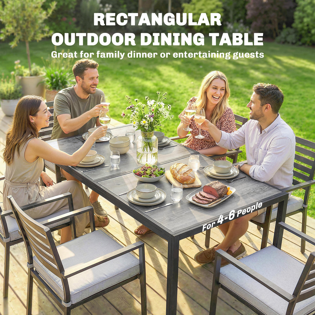Outdoor Dining Table for 4-6, 59" Outdoor Patio Table with Metal Legs, Wood-Effect Top, Grey