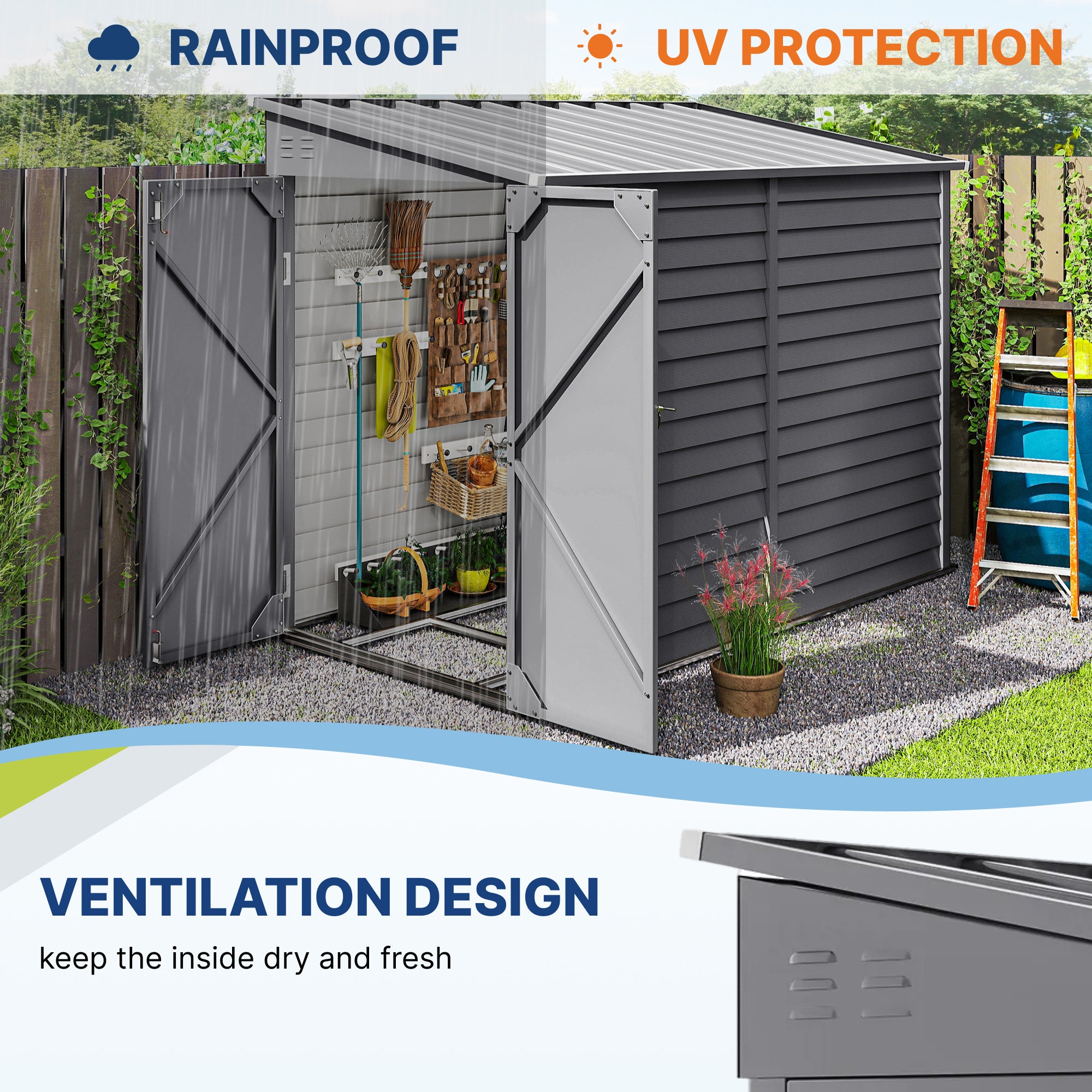 4.6' x 9' Steel Outdoor Storage Shed, Lean to Shed, Metal Tool House with Foundation Kit, Lockable Doors, Gloves and 2 Air Vents for Backyard, Patio, Lawn, Grey
